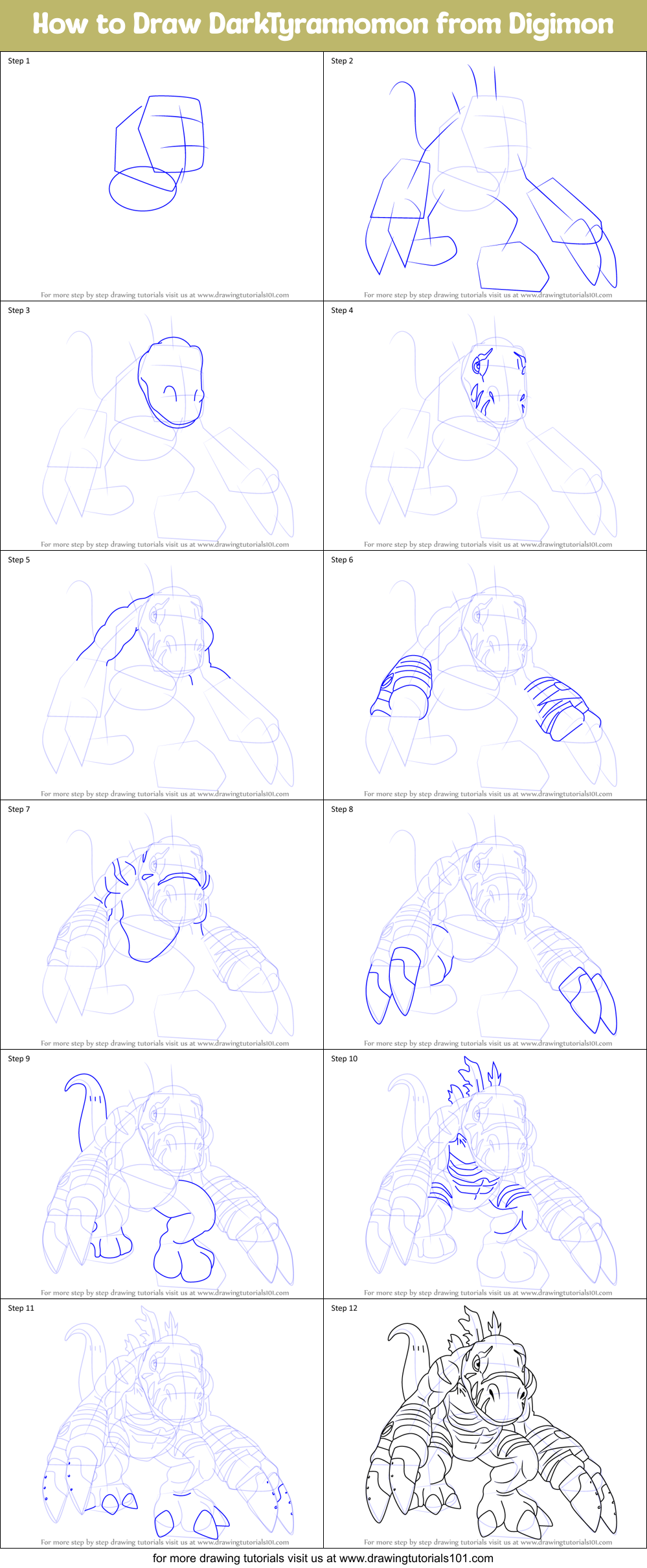 How to Draw DarkTyrannomon from Digimon Printable Step by Step