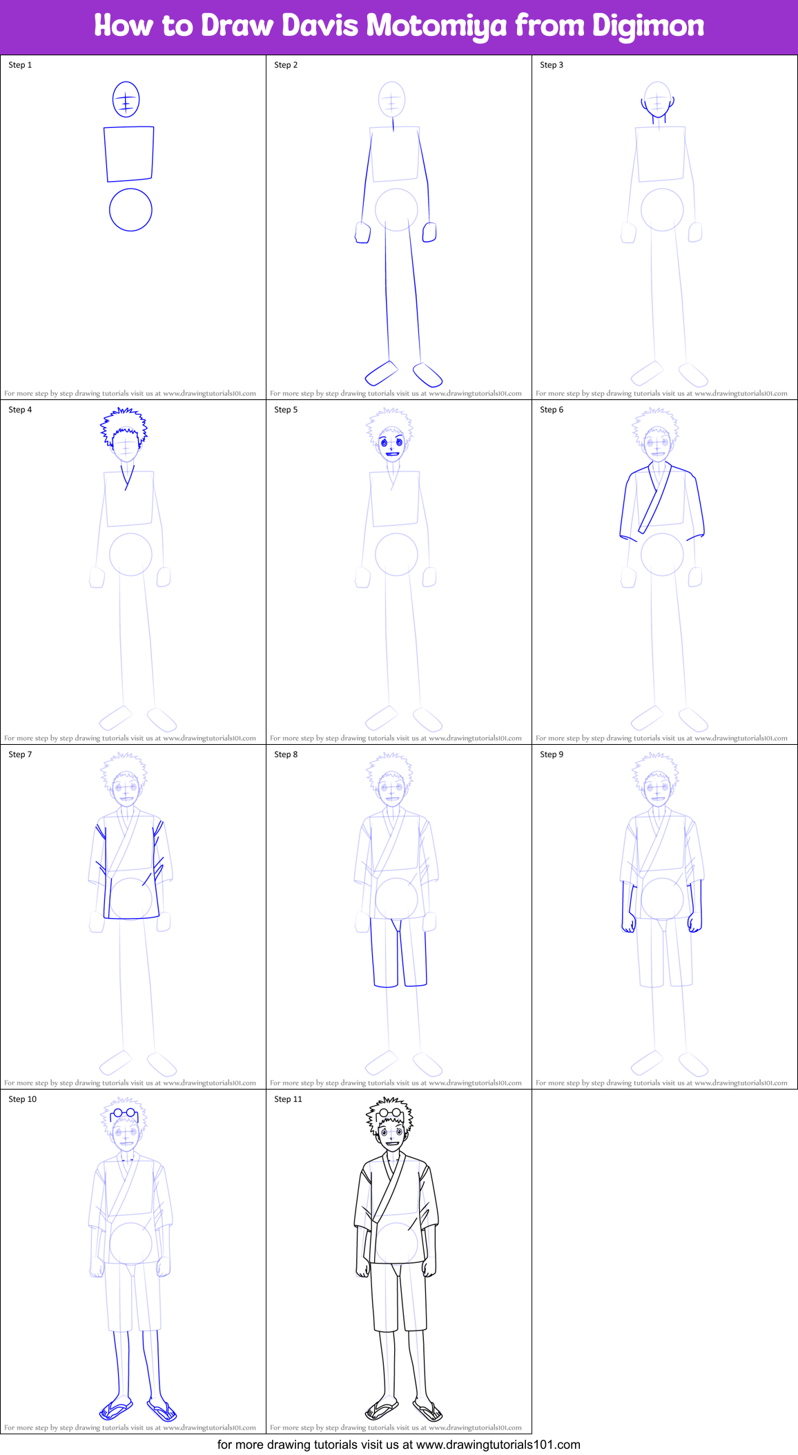 How to Draw Davis Motomiya from Digimon Printable Step by Step