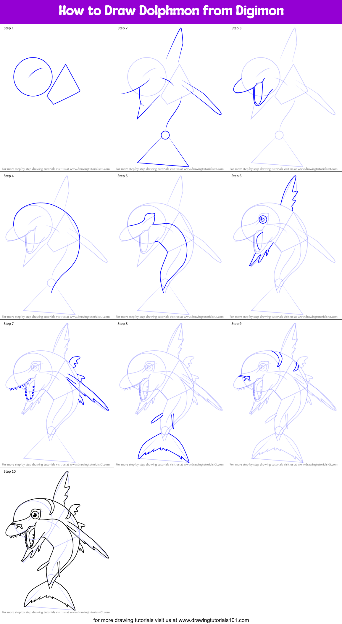 How to Draw Dolphmon from Digimon Printable Step by Step