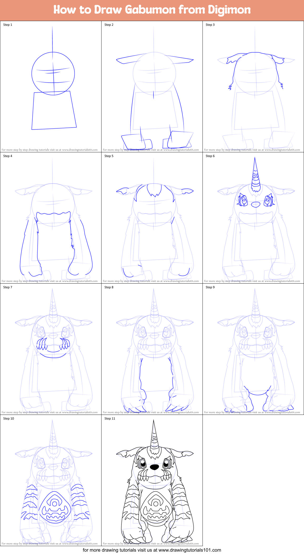 How to Draw Gabumon from Digimon Printable Step by Step