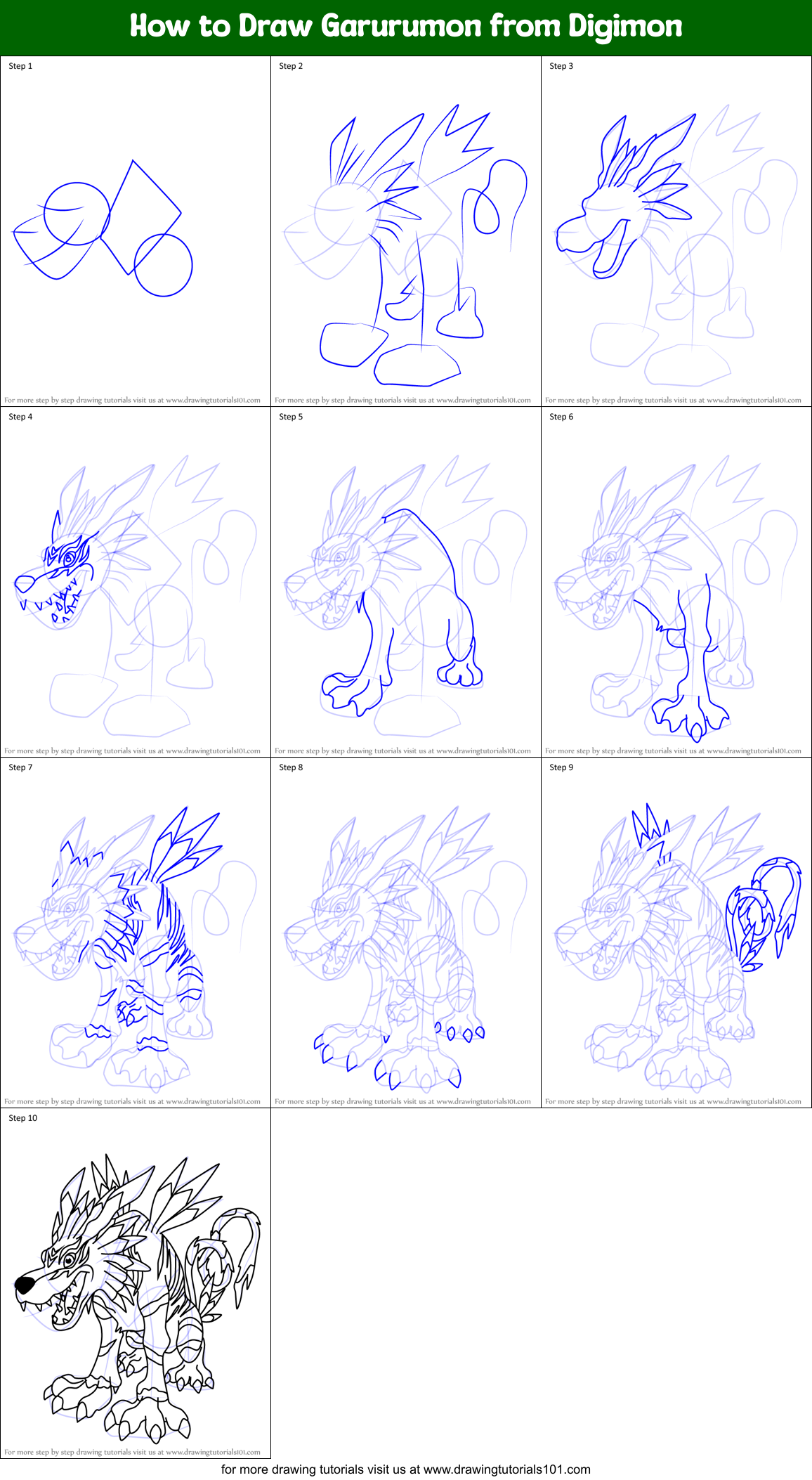 How to Draw Garurumon from Digimon Printable Step by Step