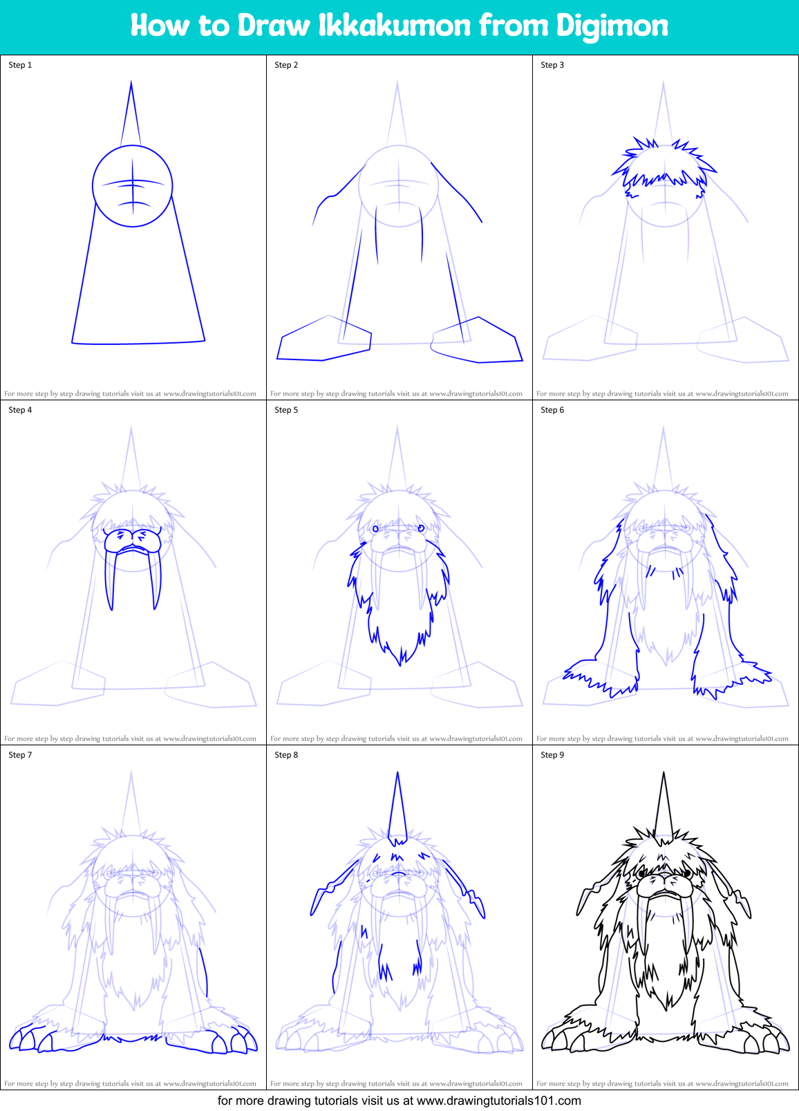 How to Draw Ikkakumon from Digimon Printable Step by Step