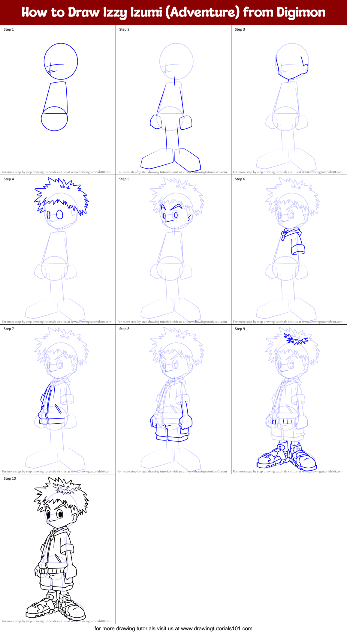 How to Draw Izzy Izumi (Adventure) from Digimon Printable Step by Step