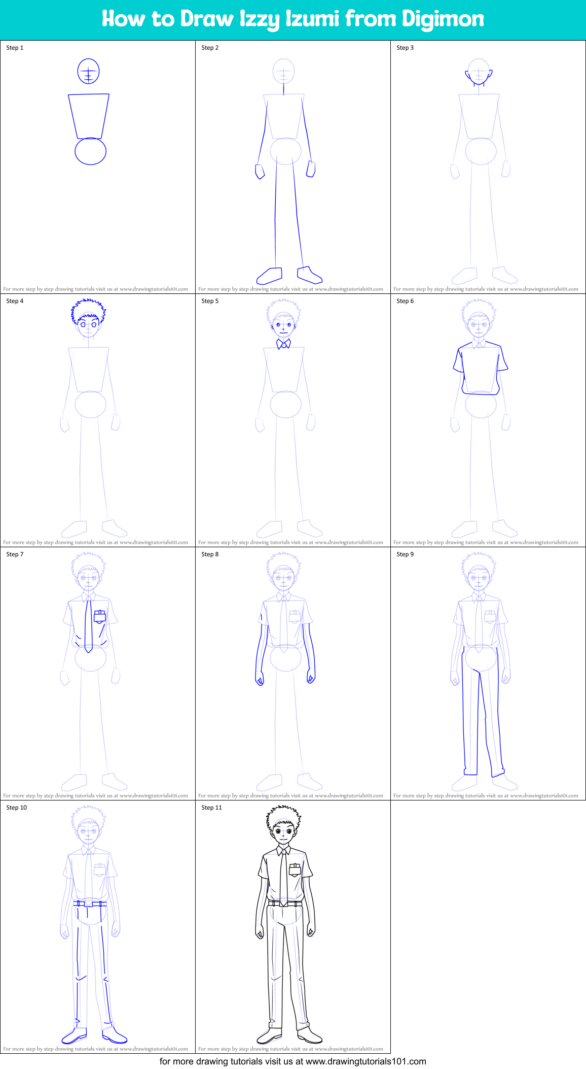 How to Draw Izzy Izumi from Digimon Printable Step by Step