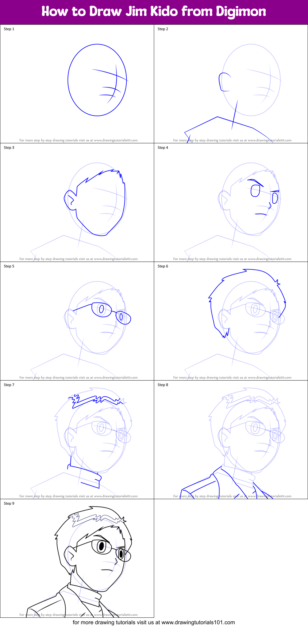 How to Draw Jim Kido from Digimon Printable Step by Step