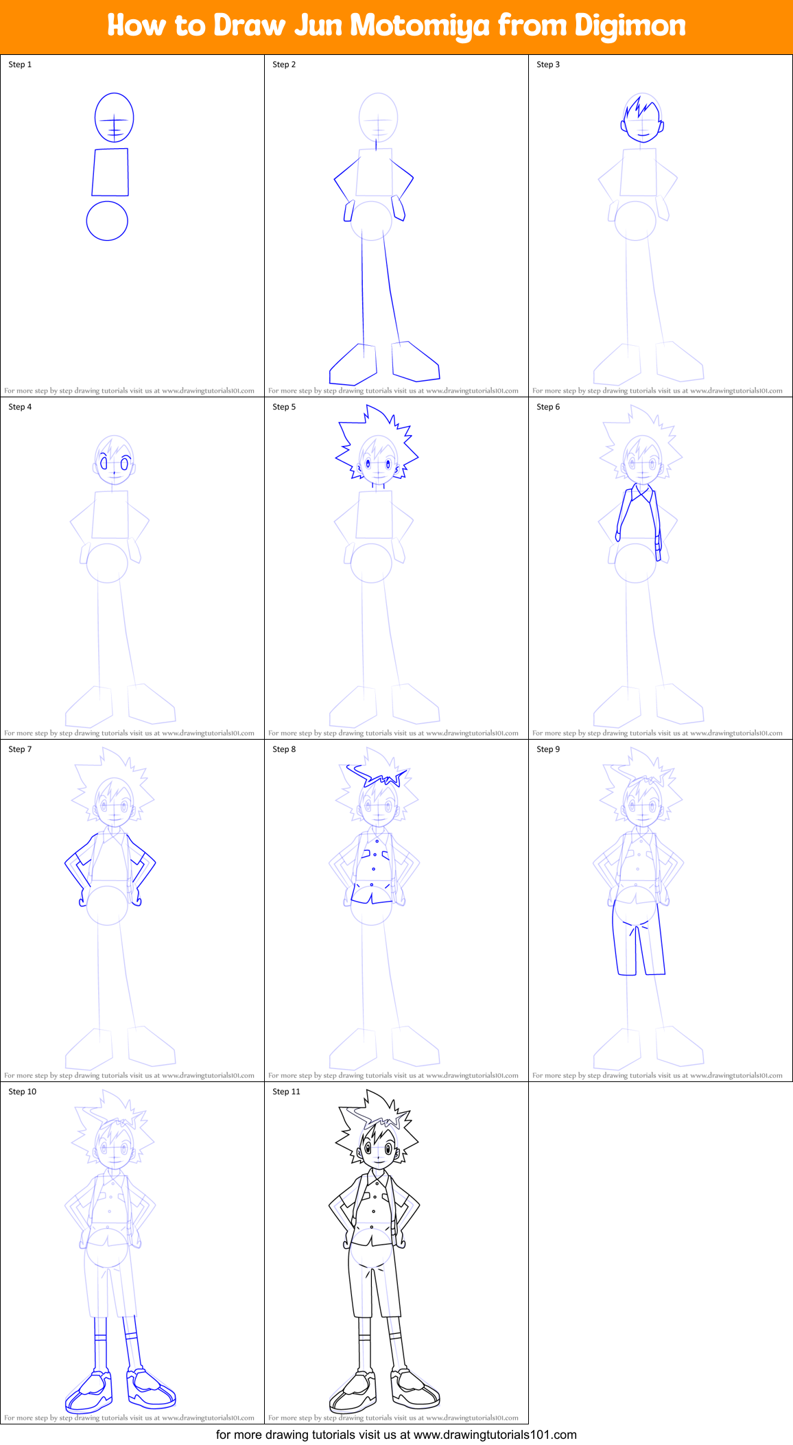 How to Draw Jun Motomiya from Digimon Printable Step by Step