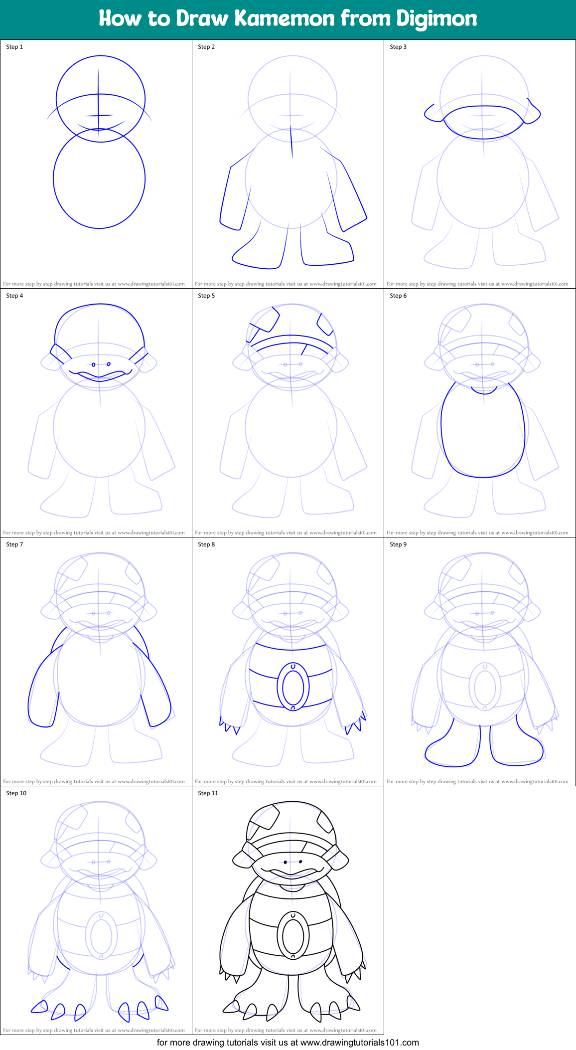 How to Draw Kamemon from Digimon Printable Step by Step