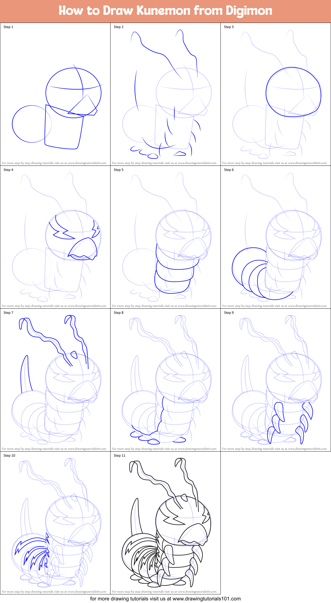 How to Draw Kunemon from Digimon Printable Step by Step