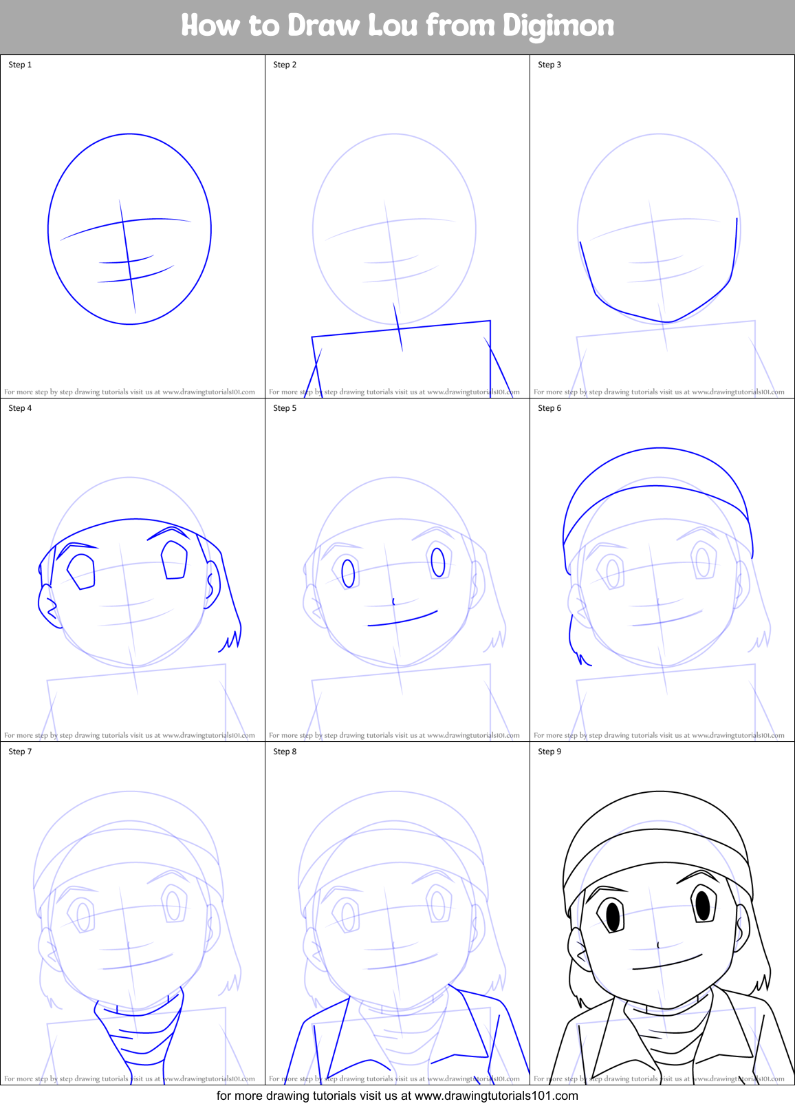 How to Draw Lou from Digimon Printable Step by Step