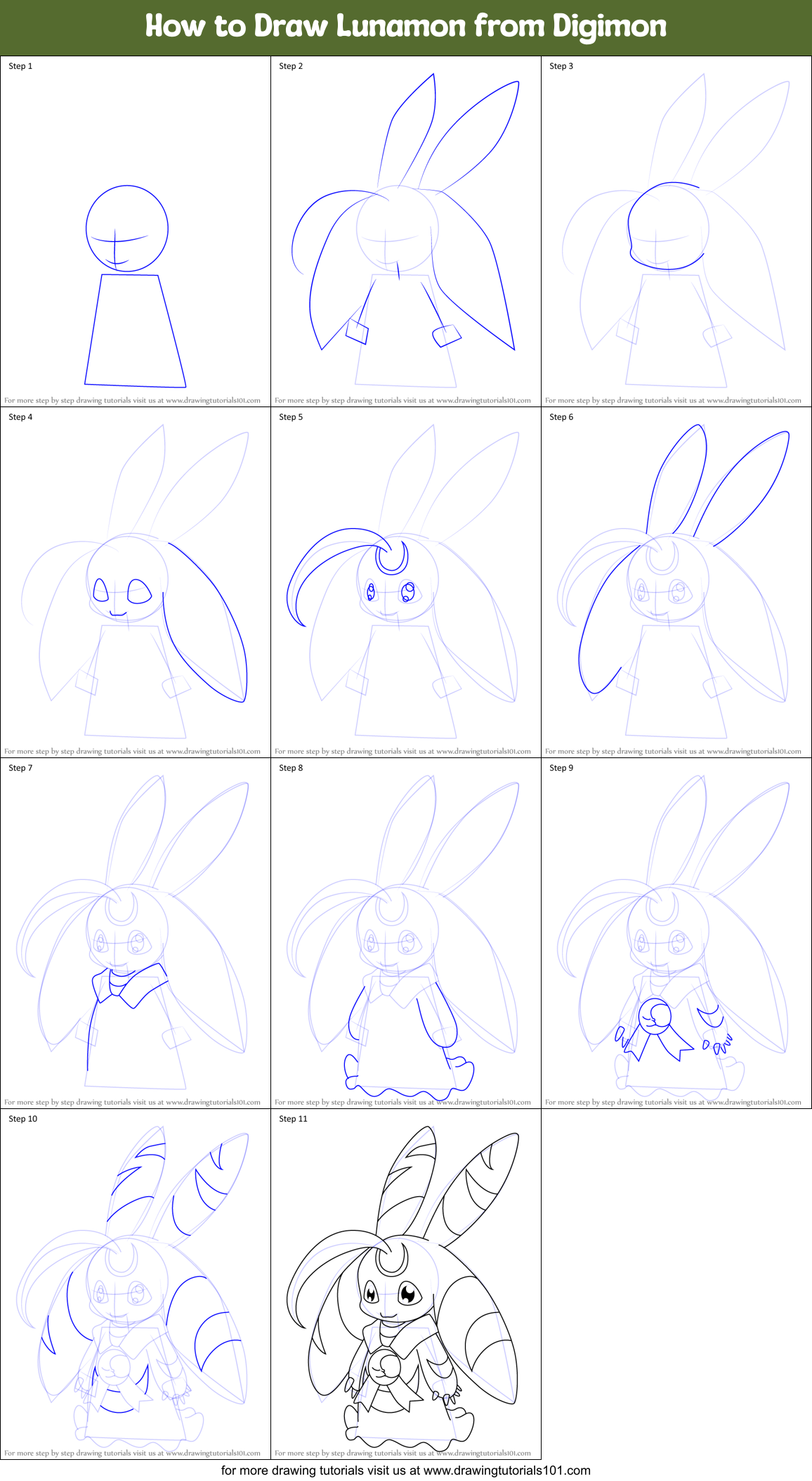 How to Draw Lunamon from Digimon Printable Step by Step