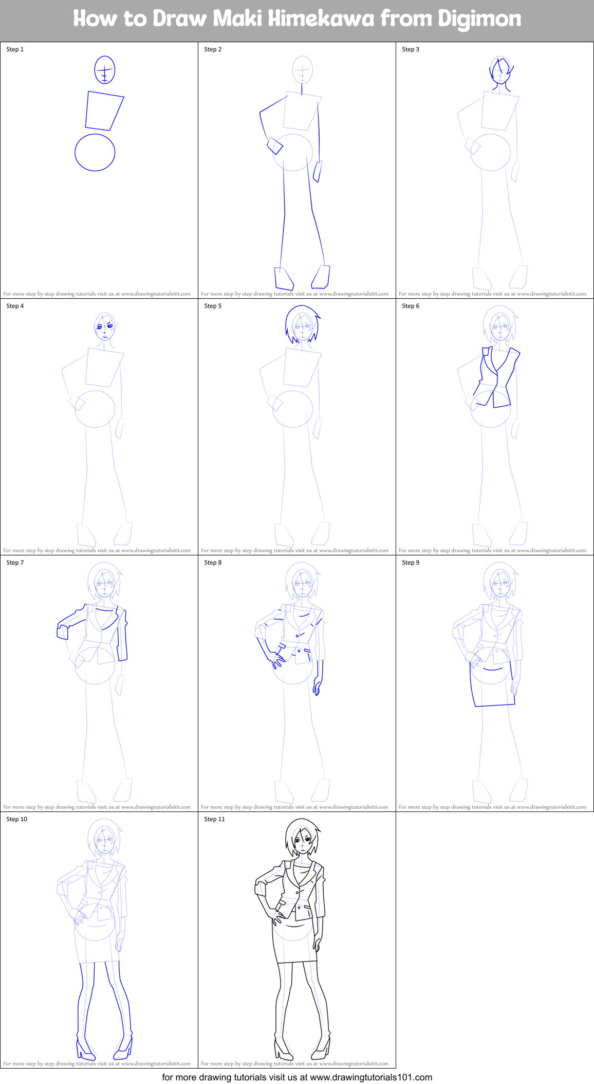 How to Draw Maki Himekawa from Digimon Printable Step by Step