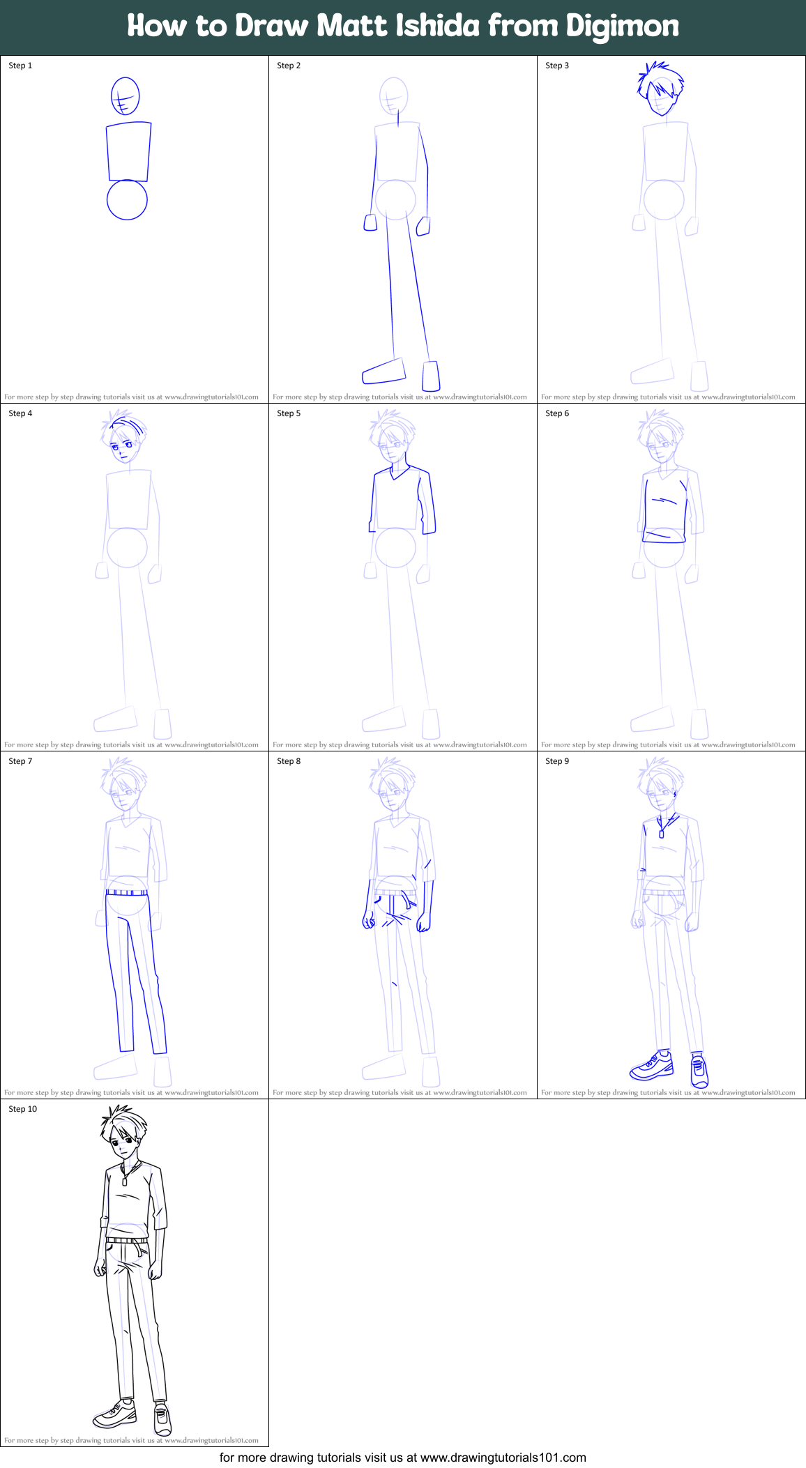 How to Draw Matt Ishida from Digimon Printable Step by Step