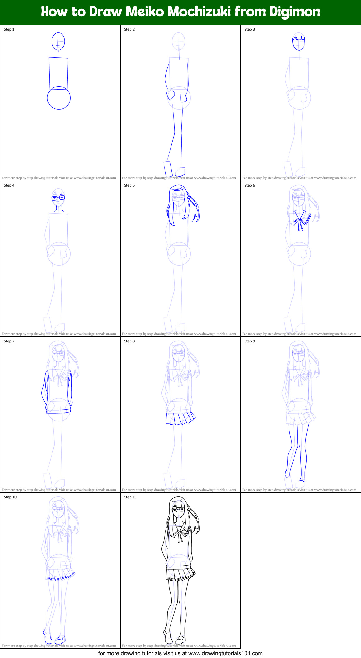 How to Draw Meiko Mochizuki from Digimon Printable Step by Step