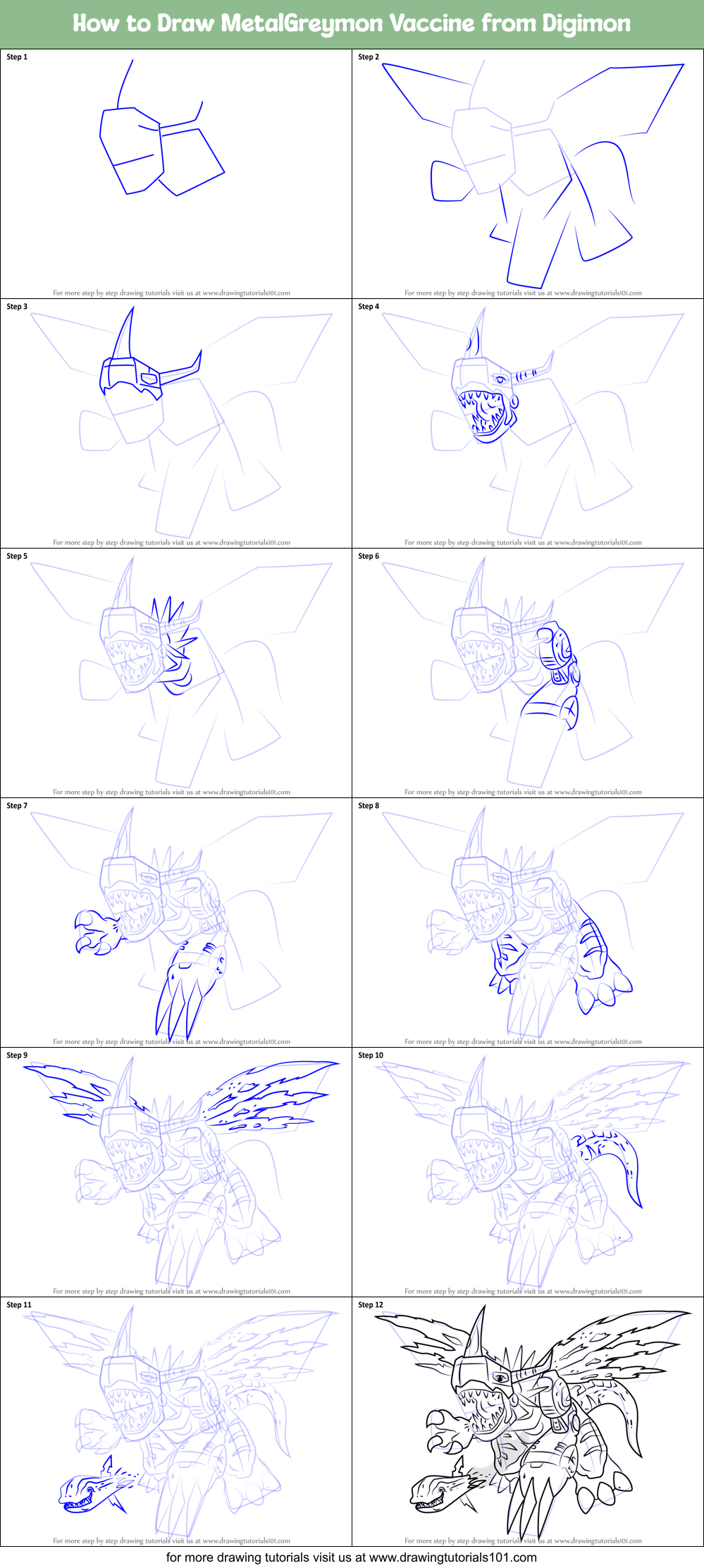How to Draw MetalGreymon Vaccine from Digimon Printable Step by Step