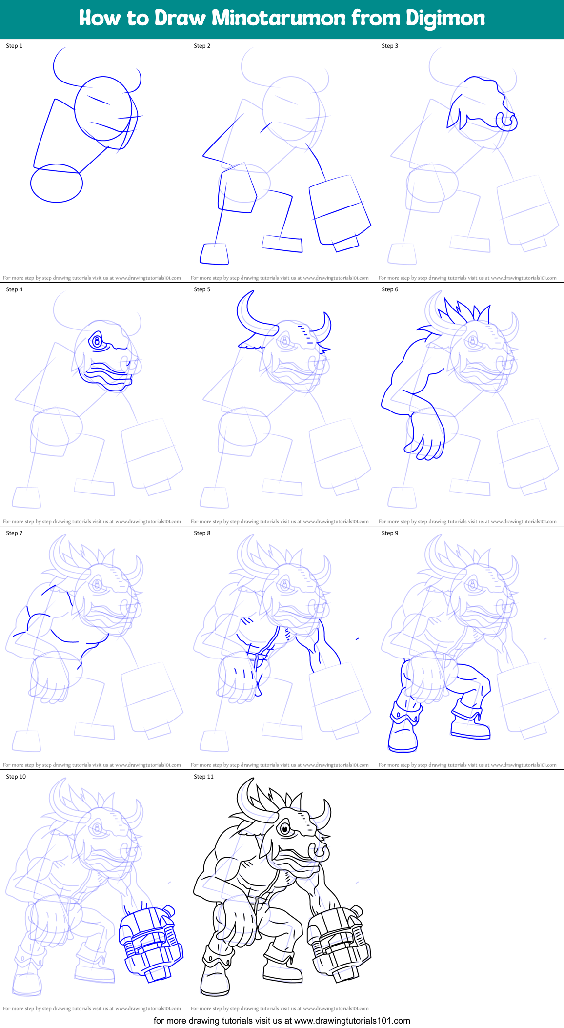 How to Draw Minotarumon from Digimon Printable Step by Step