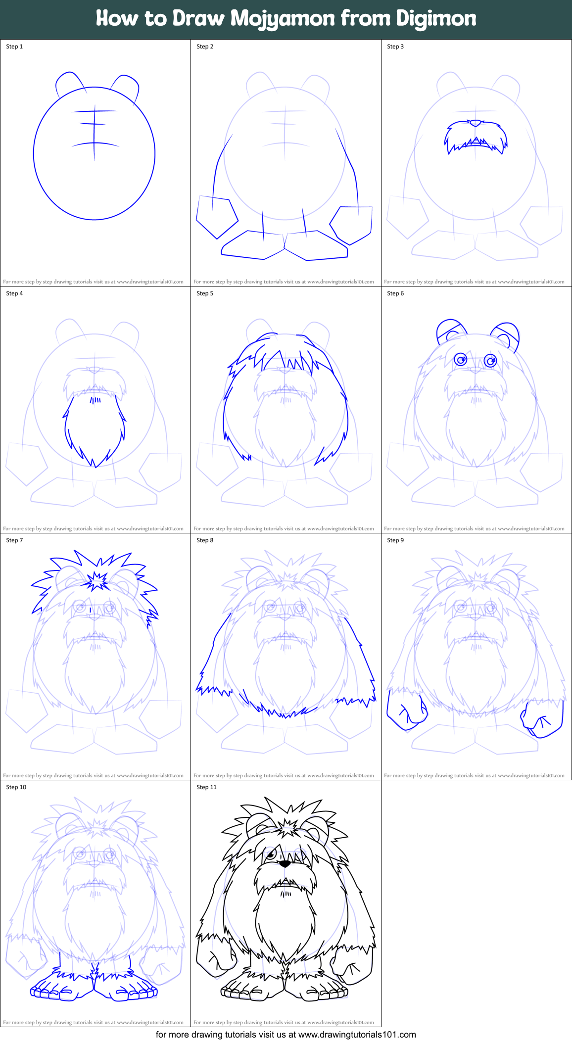 How to Draw Mojyamon from Digimon Printable Step by Step