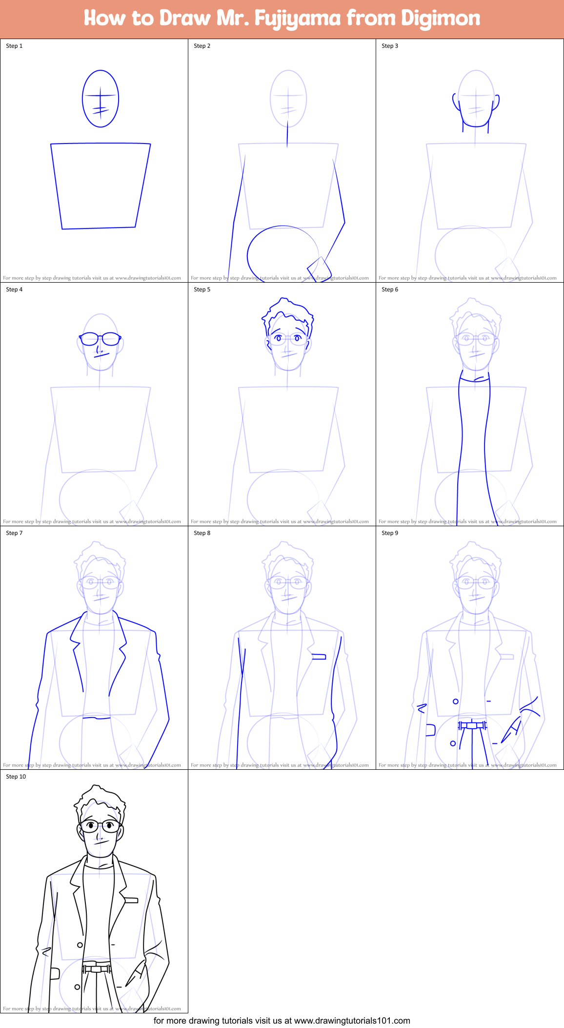 How to Draw Mr. Fujiyama from Digimon Printable Step by Step