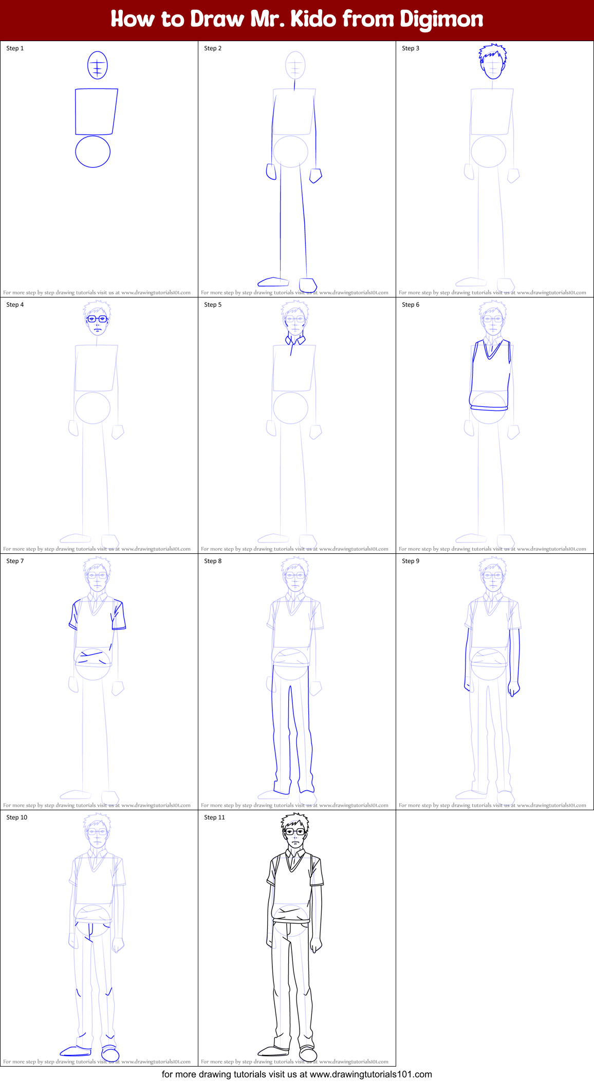How to Draw Mr. Kido from Digimon Printable Step by Step
