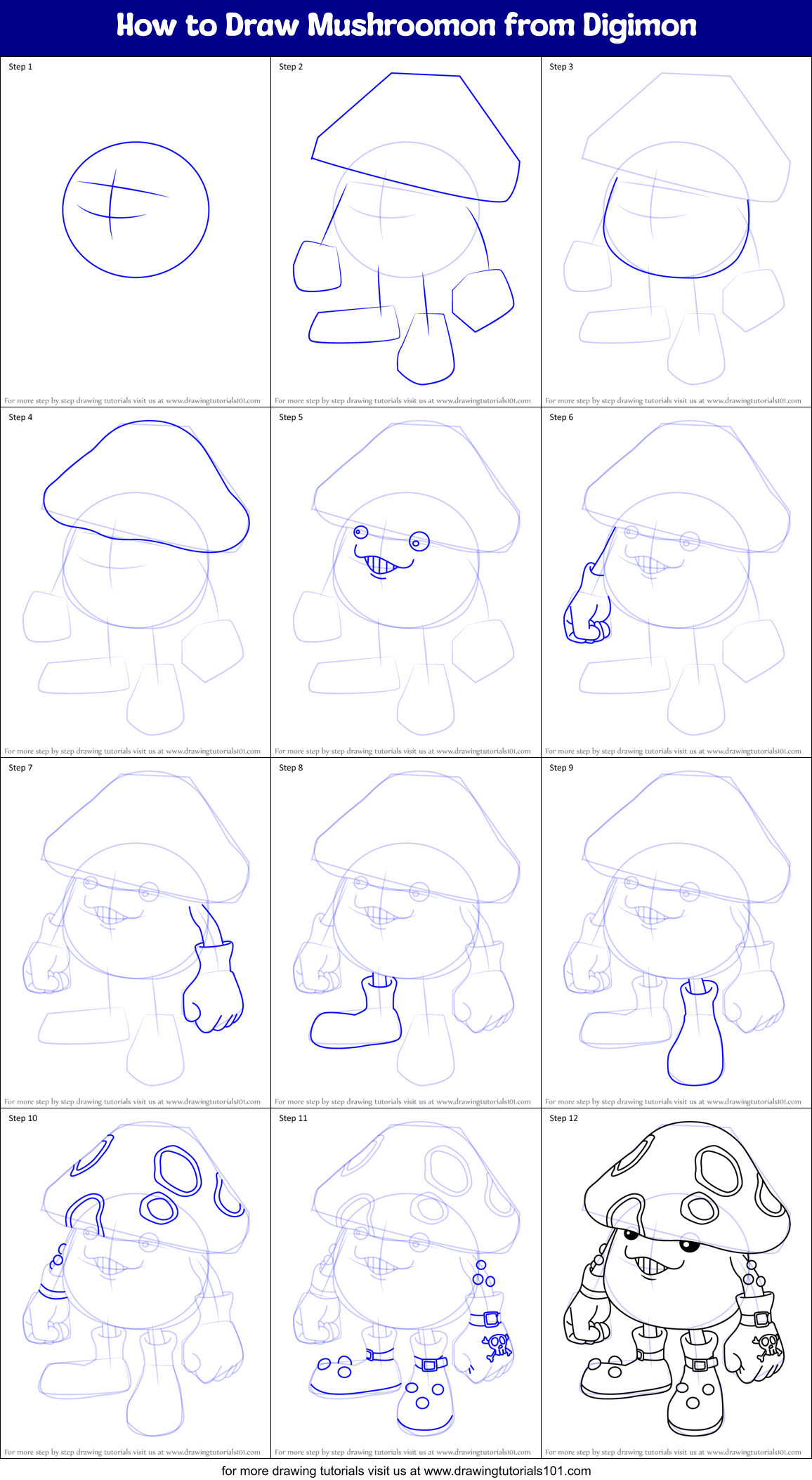 How to Draw Mushroomon from Digimon Printable Step by Step