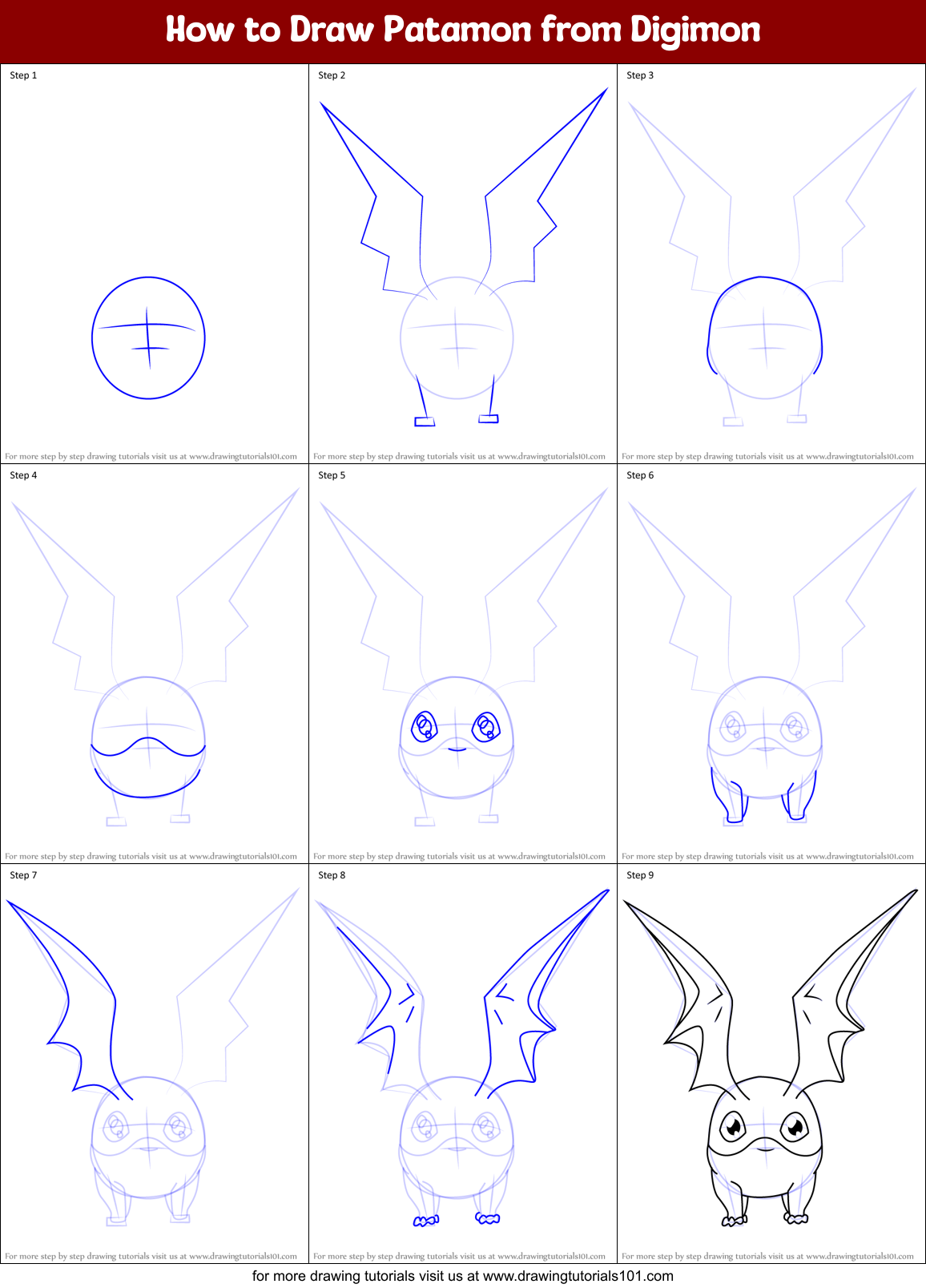 How to Draw Patamon from Digimon Printable Step by Step