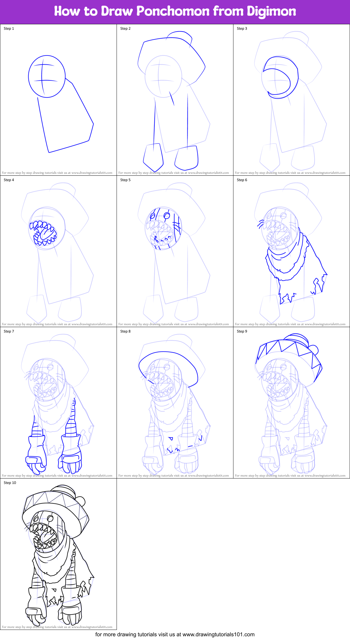 How to Draw Ponchomon from Digimon Printable Step by Step