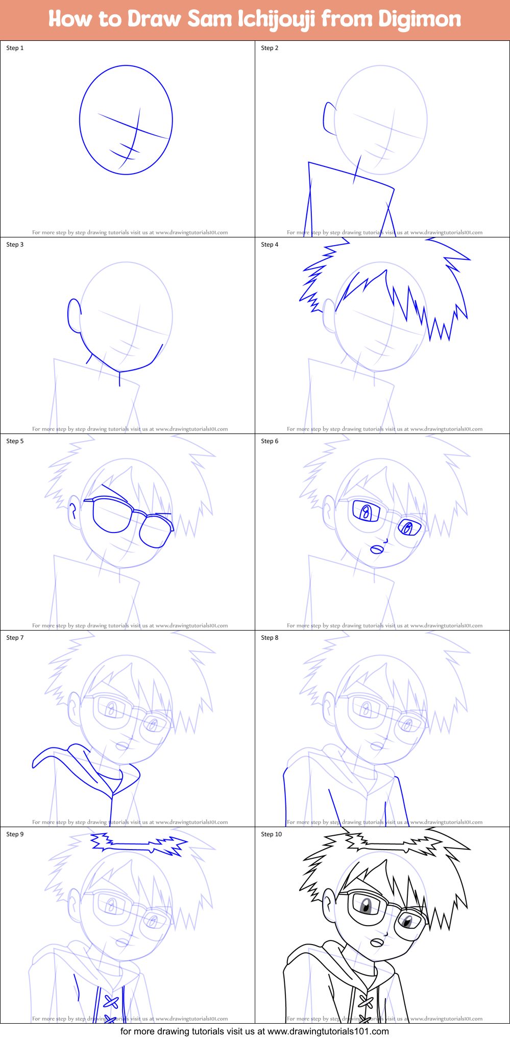 How to Draw Sam Ichijouji from Digimon Printable Step by Step