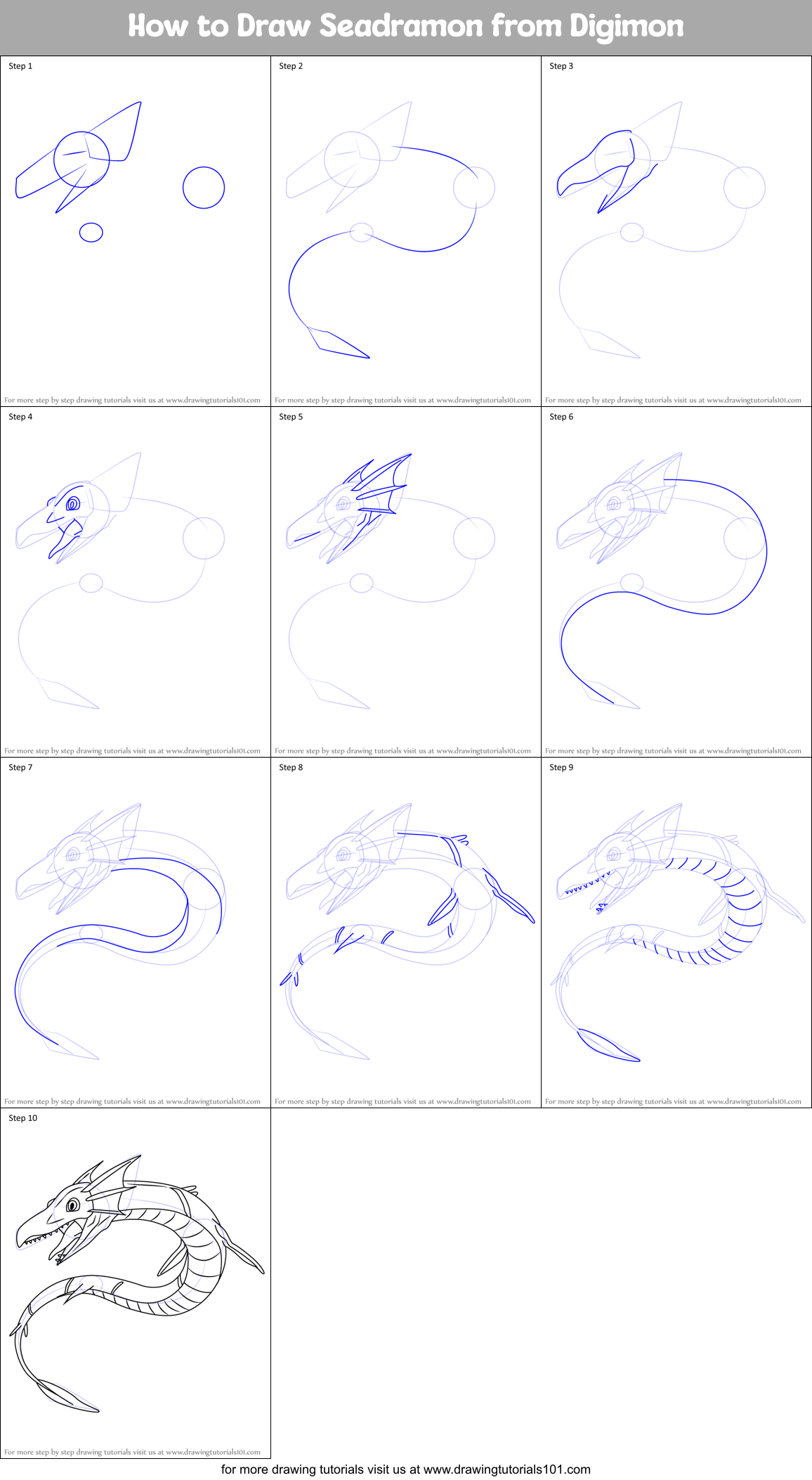How to Draw Seadramon from Digimon Printable Step by Step