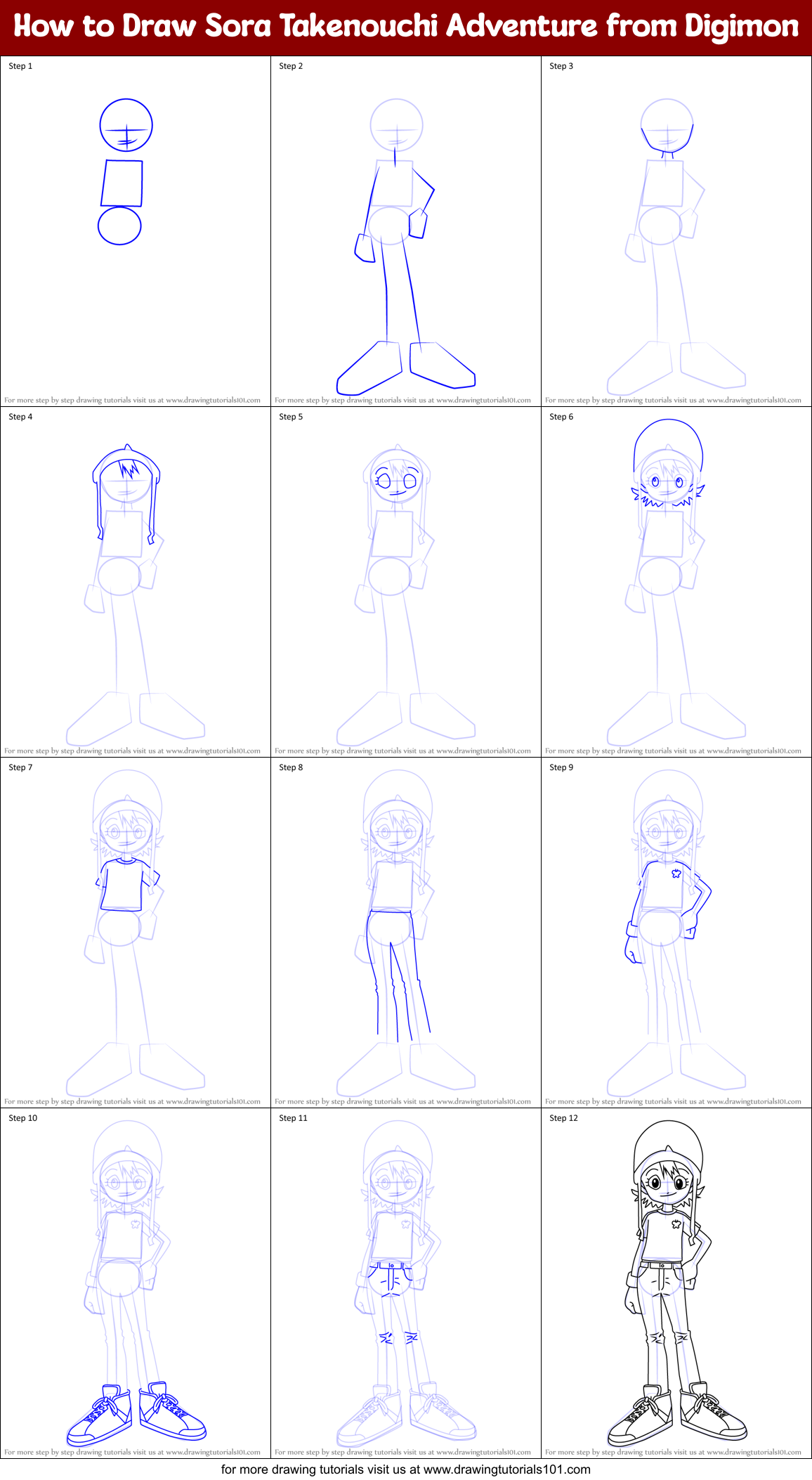 How to Draw Sora Takenouchi Adventure from Digimon Printable Step by Step
