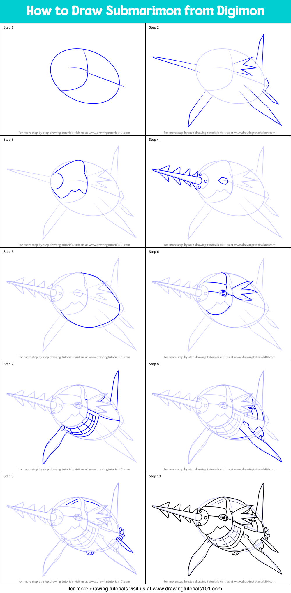 How to Draw Submarimon from Digimon Printable Step by Step