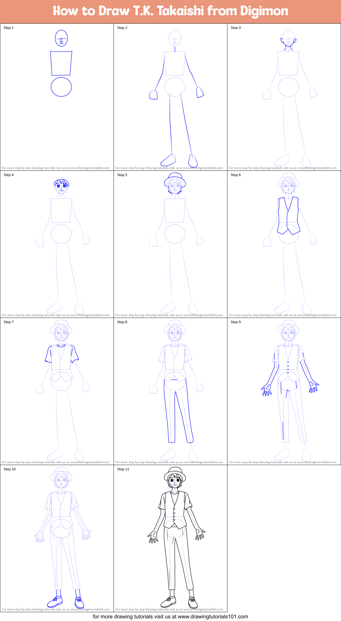 How to Draw T.K. Takaishi from Digimon Printable Step by Step