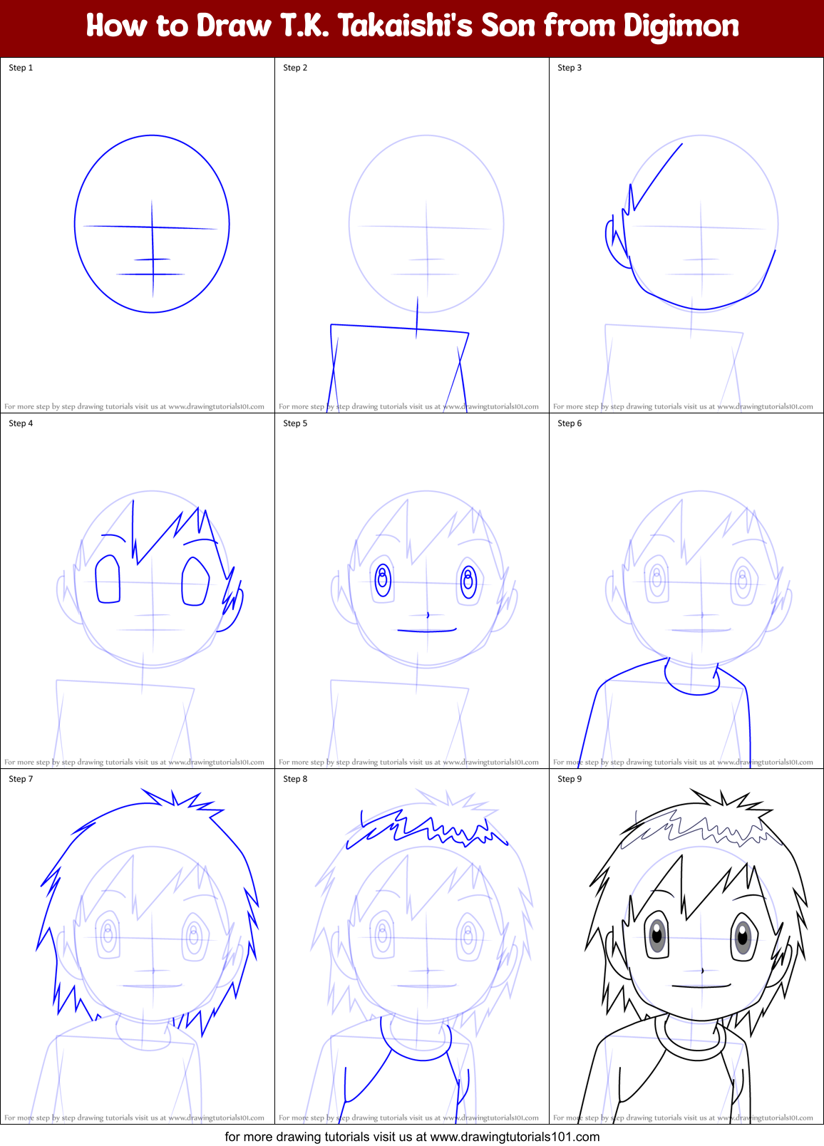 How to Draw T.K. Takaishi's Son from Digimon Printable Step by Step