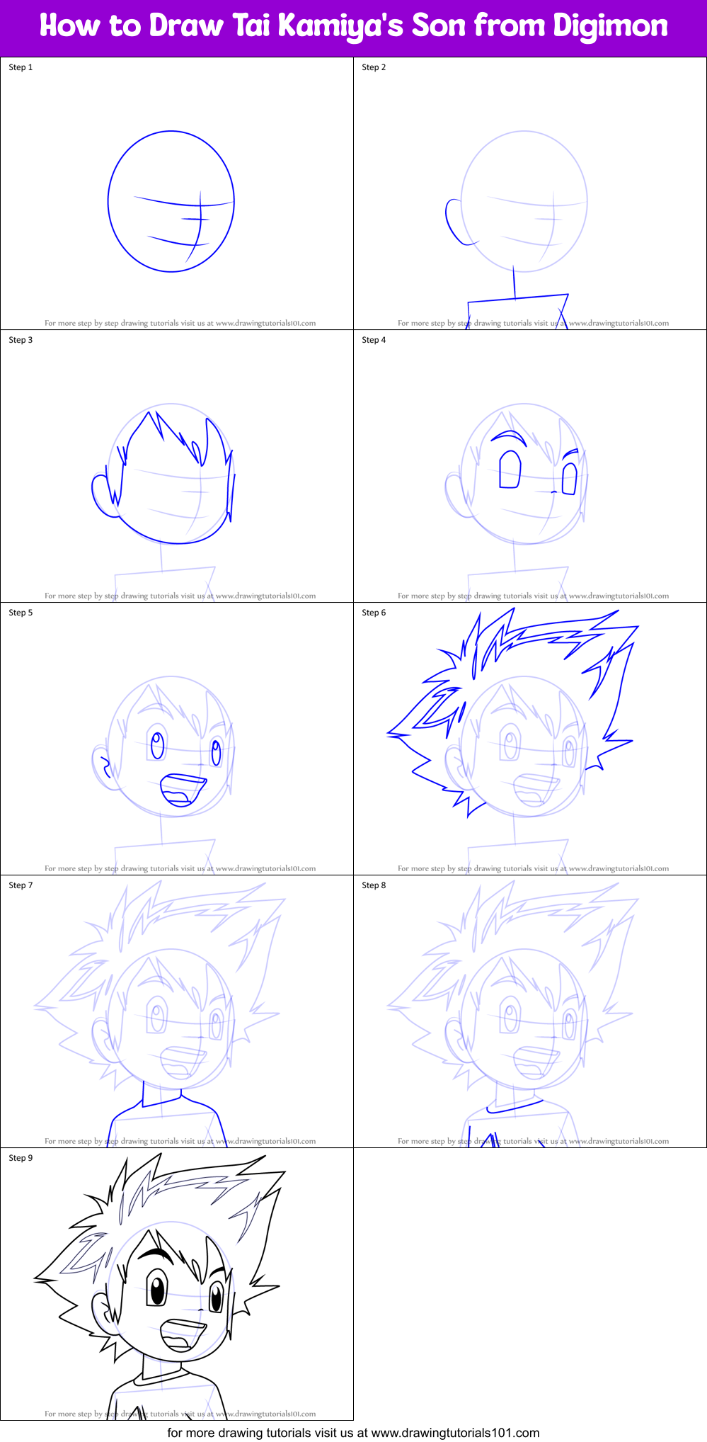 How to Draw Tai Kamiya's Son from Digimon Printable Step by Step