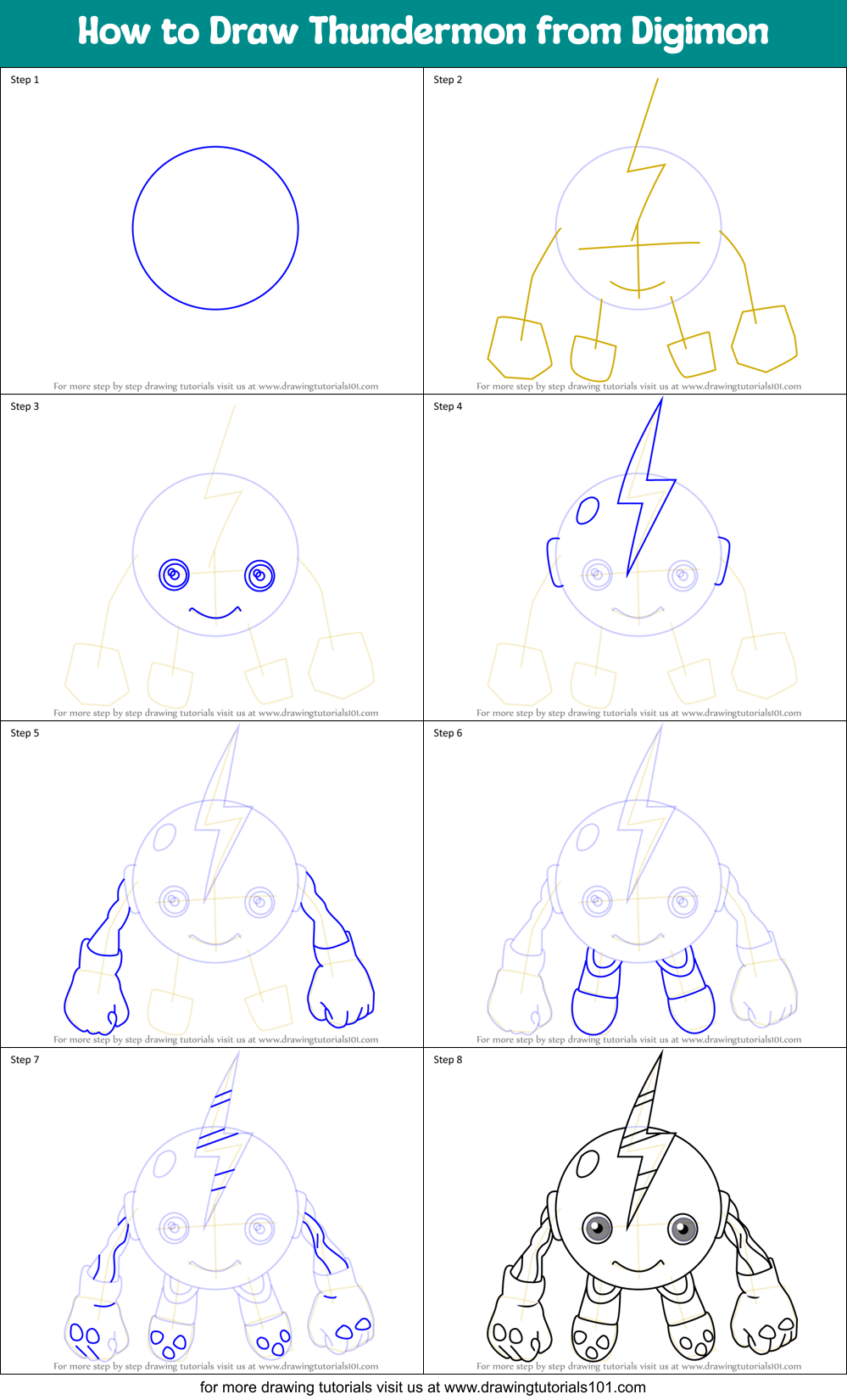 How to Draw Thundermon from Digimon Printable Step by Step