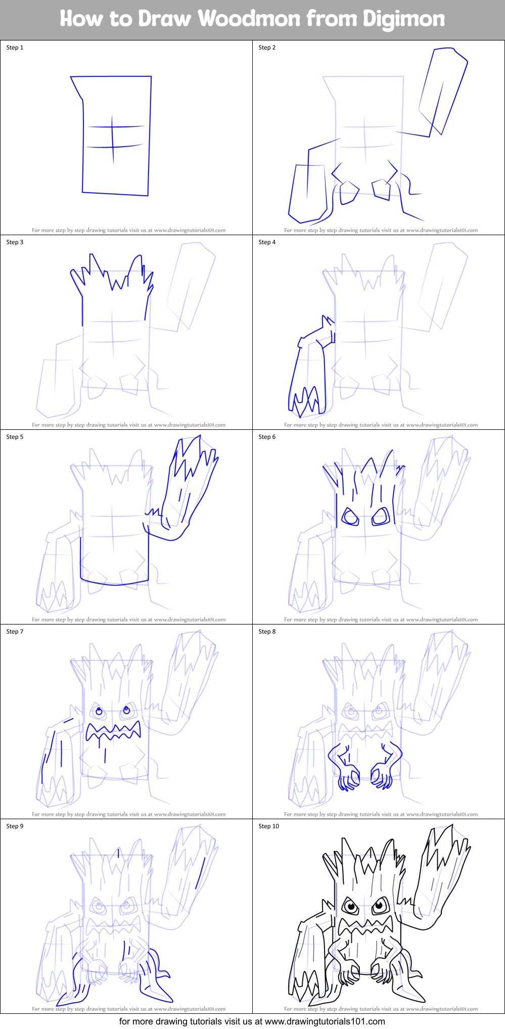 How to Draw Woodmon from Digimon Printable Step by Step