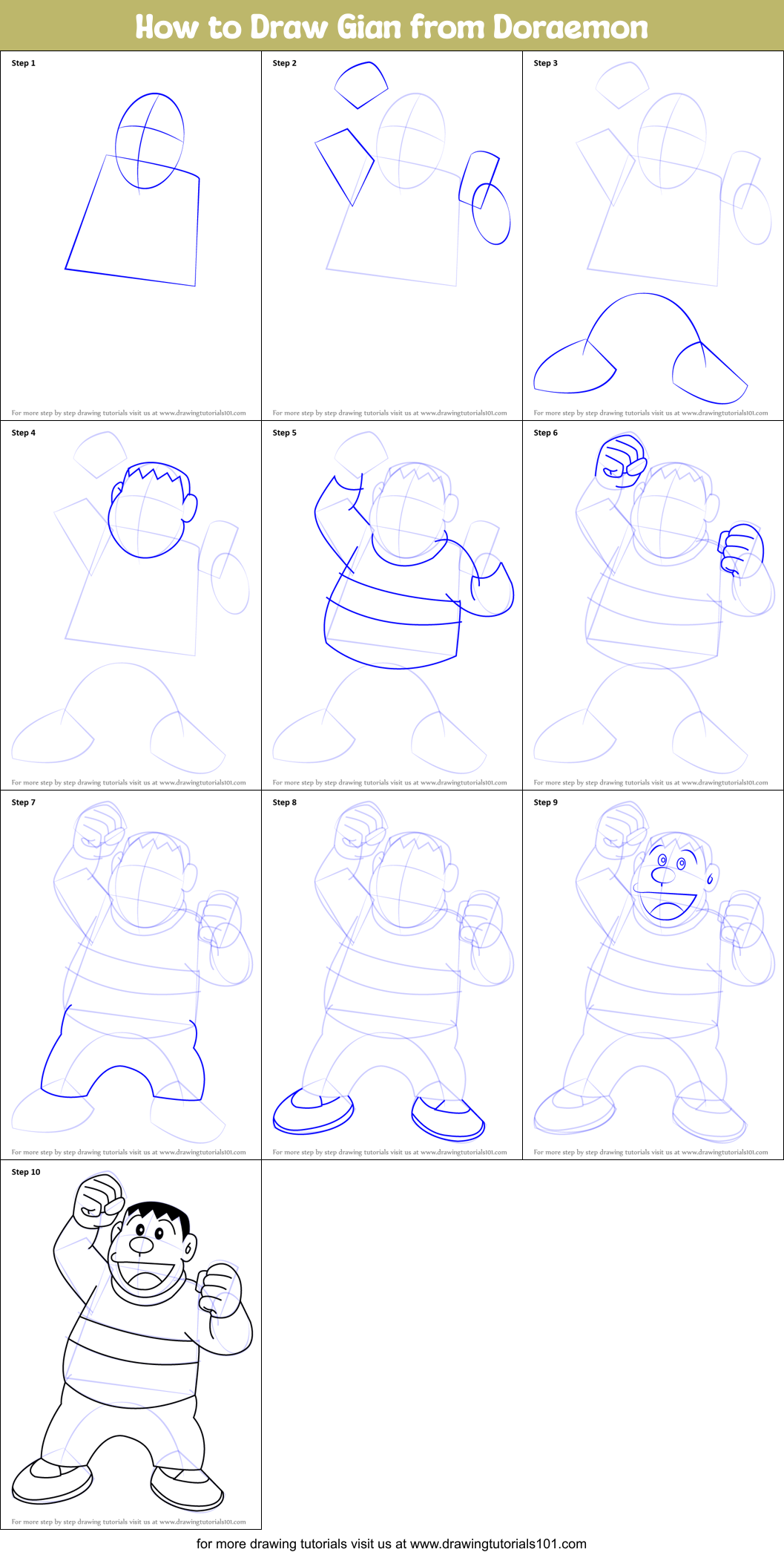 How to Draw Gian from Doraemon Printable Step by Step