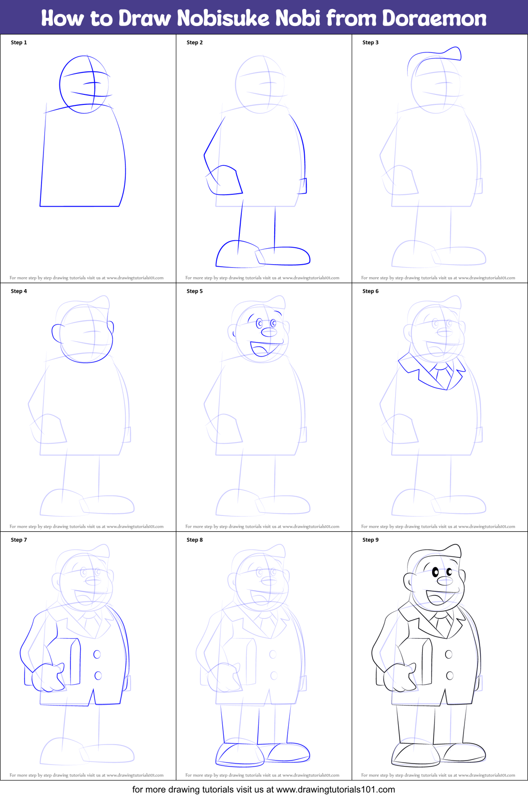 How to Draw Nobisuke Nobi from Doraemon Printable Step by Step