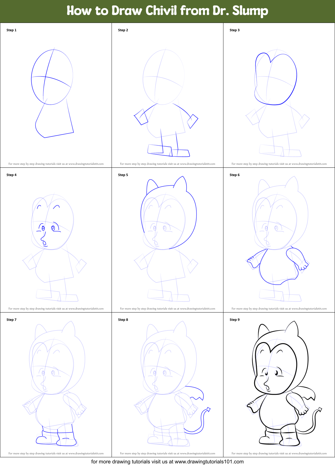 How to Draw Chivil from Dr. Slump Printable Step by Step