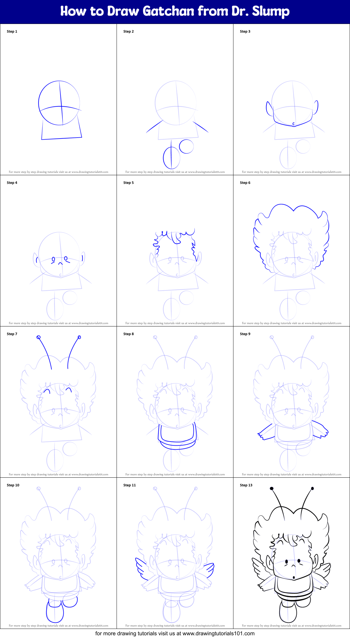 How to Draw Gatchan from Dr. Slump Printable Step by Step