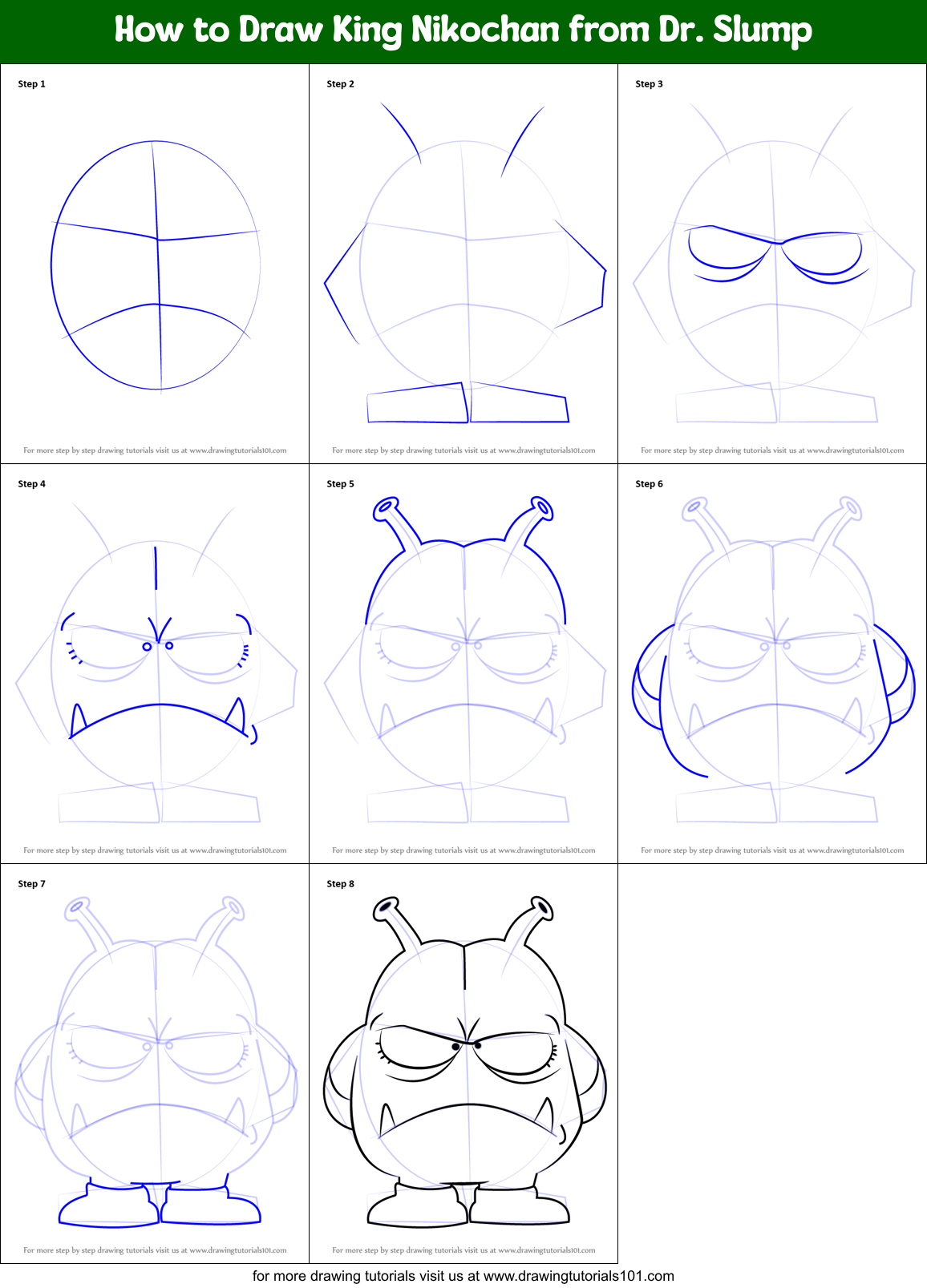 How to Draw King Nikochan from Dr. Slump Printable Step by Step
