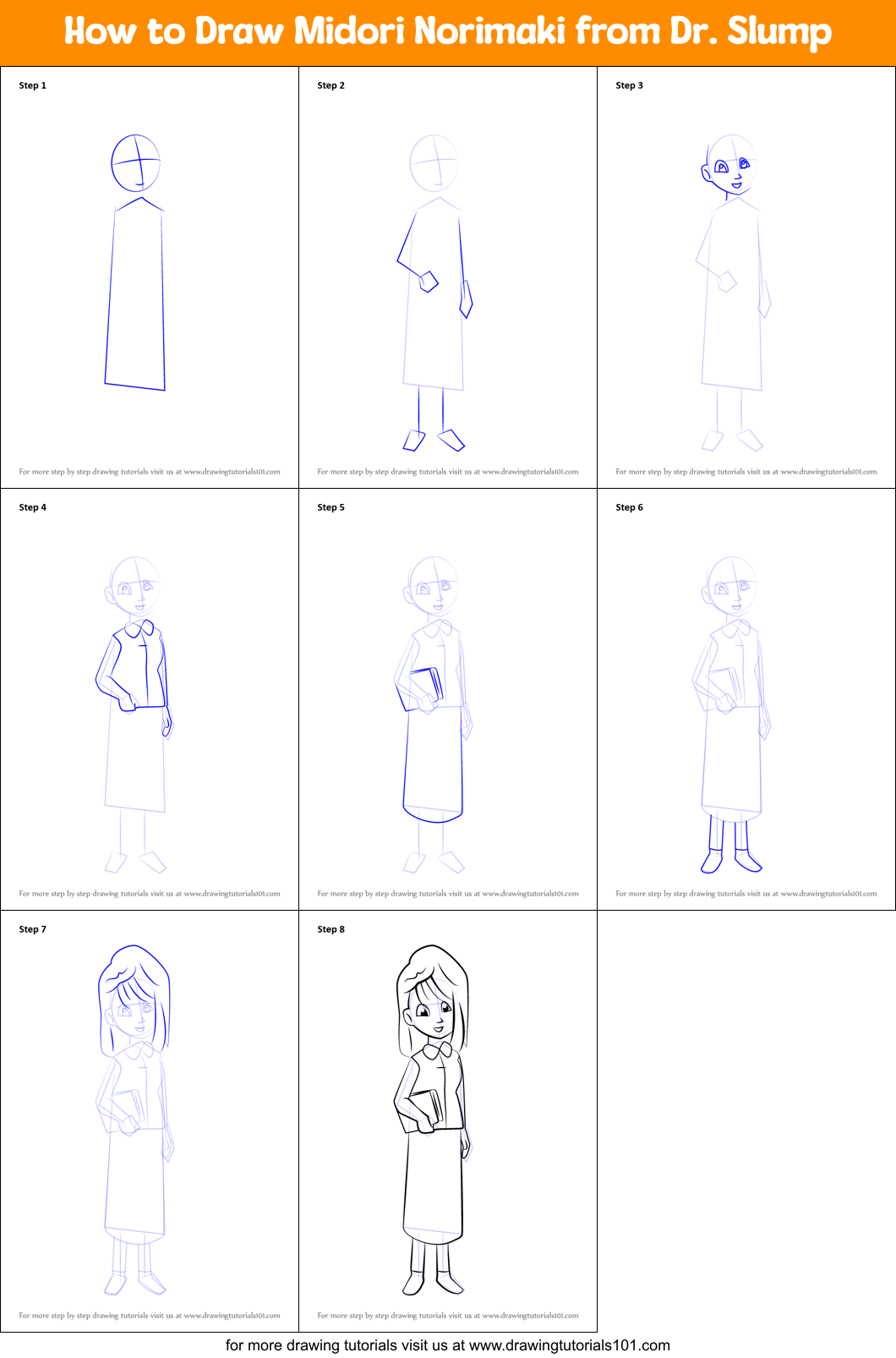 How to Draw Midori Norimaki from Dr. Slump Printable Step by Step