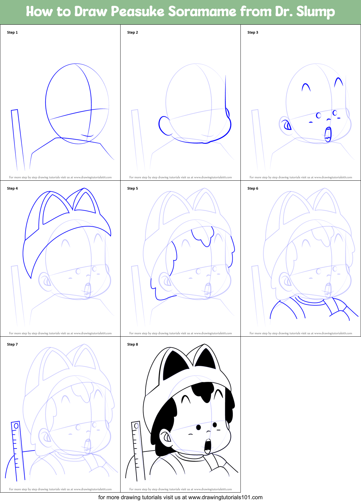How to Draw Peasuke Soramame from Dr. Slump Printable Step by Step