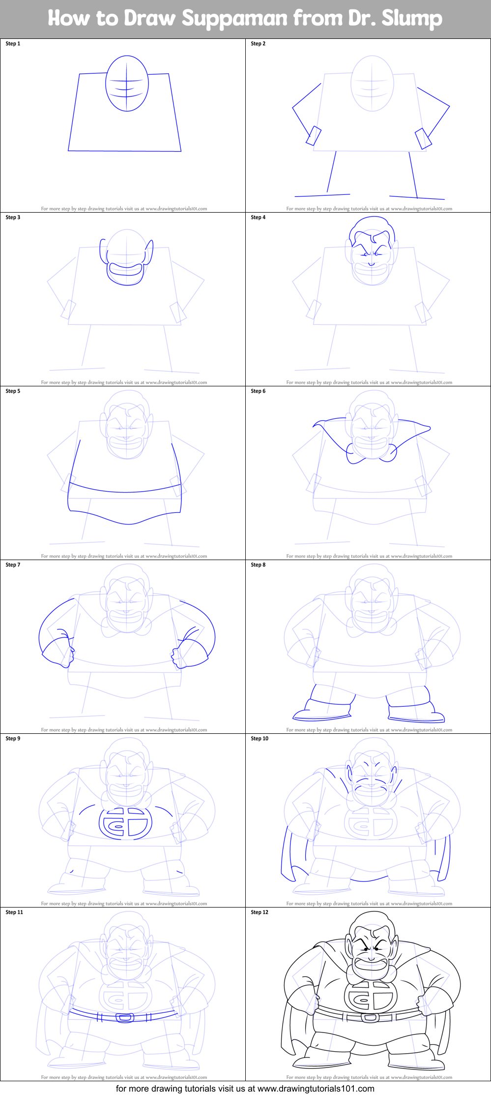 How to Draw Suppaman from Dr. Slump Printable Step by Step
