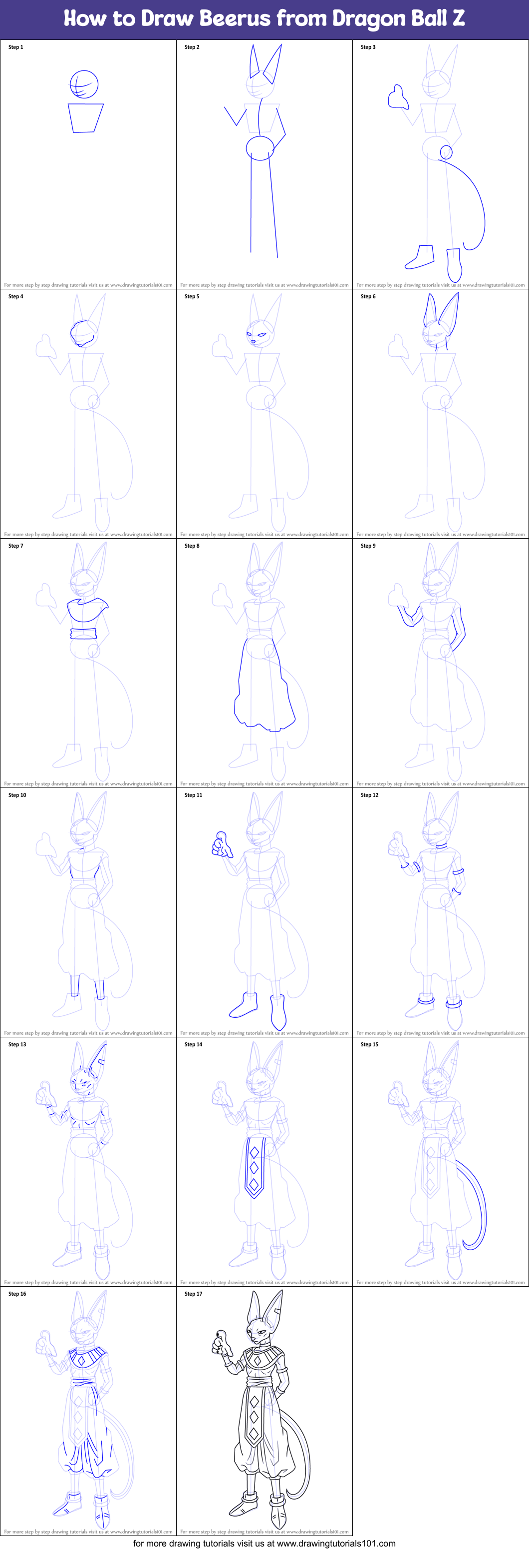 How to Draw Beerus from Dragon Ball Z printable step by step drawing