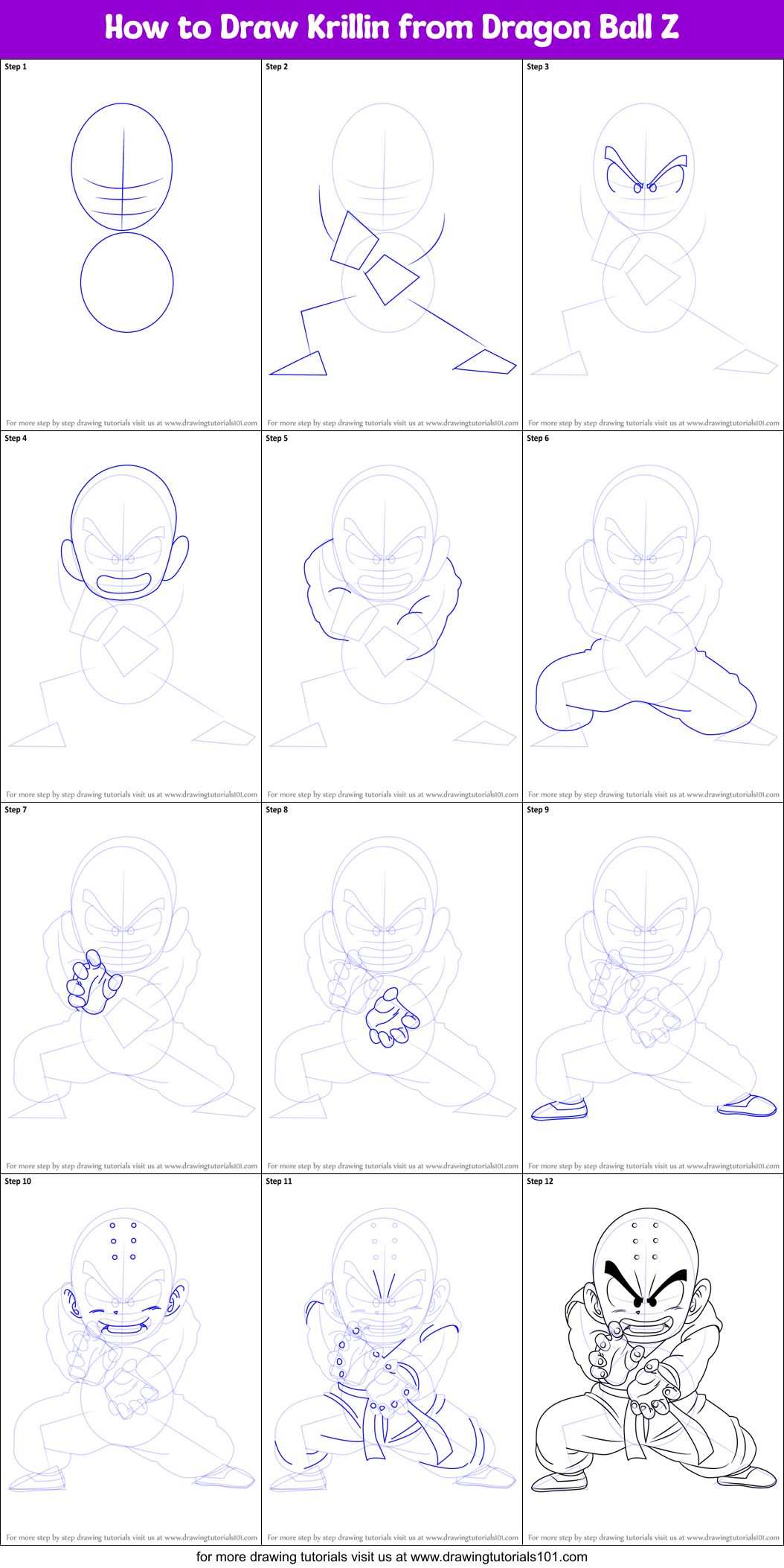 Download How to Draw Krillin from Dragon Ball Z printable step by step drawing sheet ...