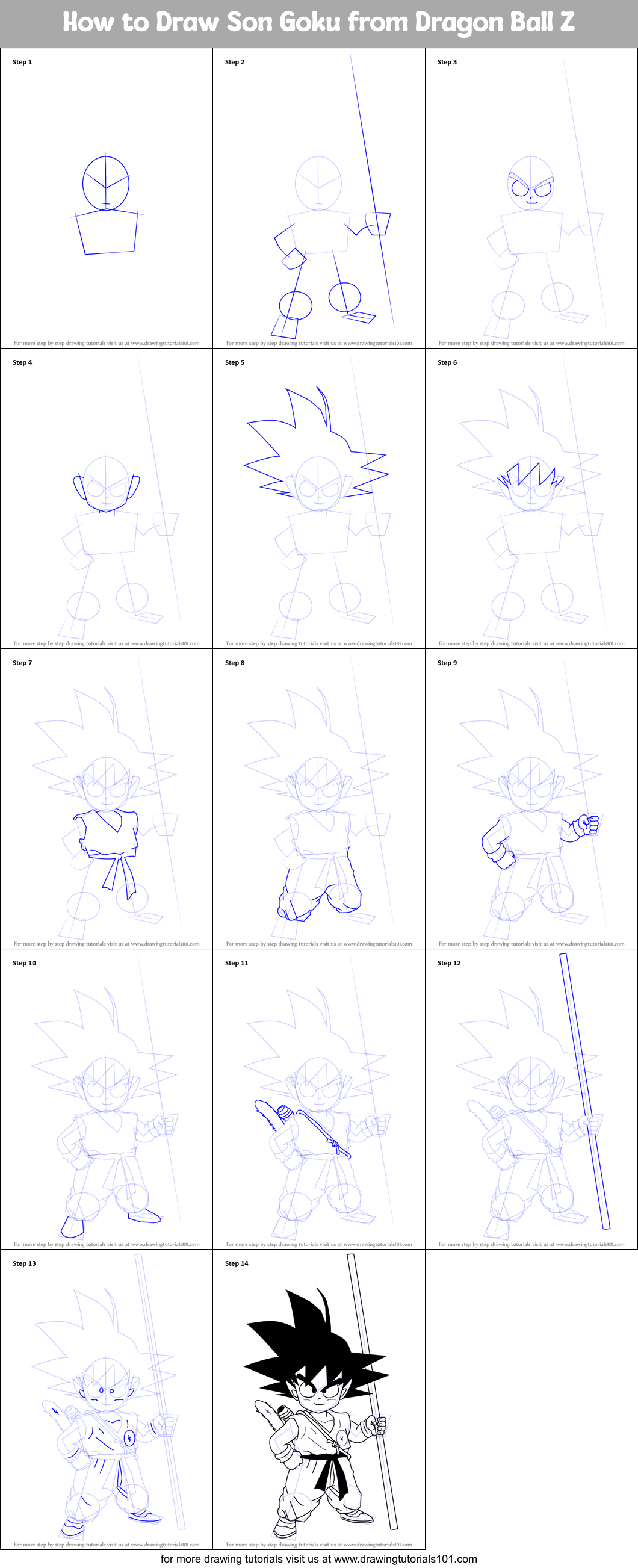 How to Draw Son Goku from Dragon Ball Z printable step by step drawing