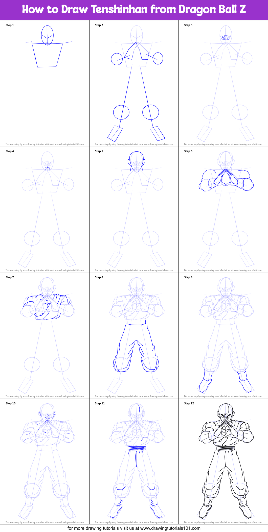 How to Draw Tenshinhan from Dragon Ball Z Printable Step by Step