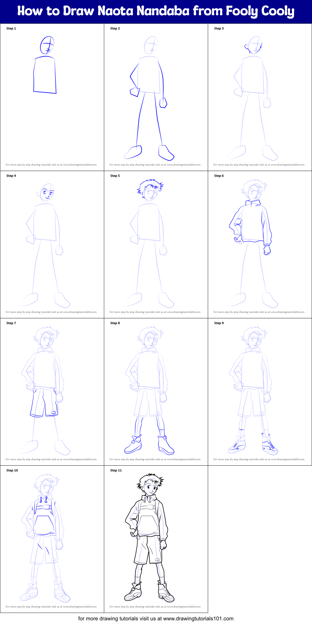 How to Draw Naota Nandaba from Fooly Cooly Printable Step by Step