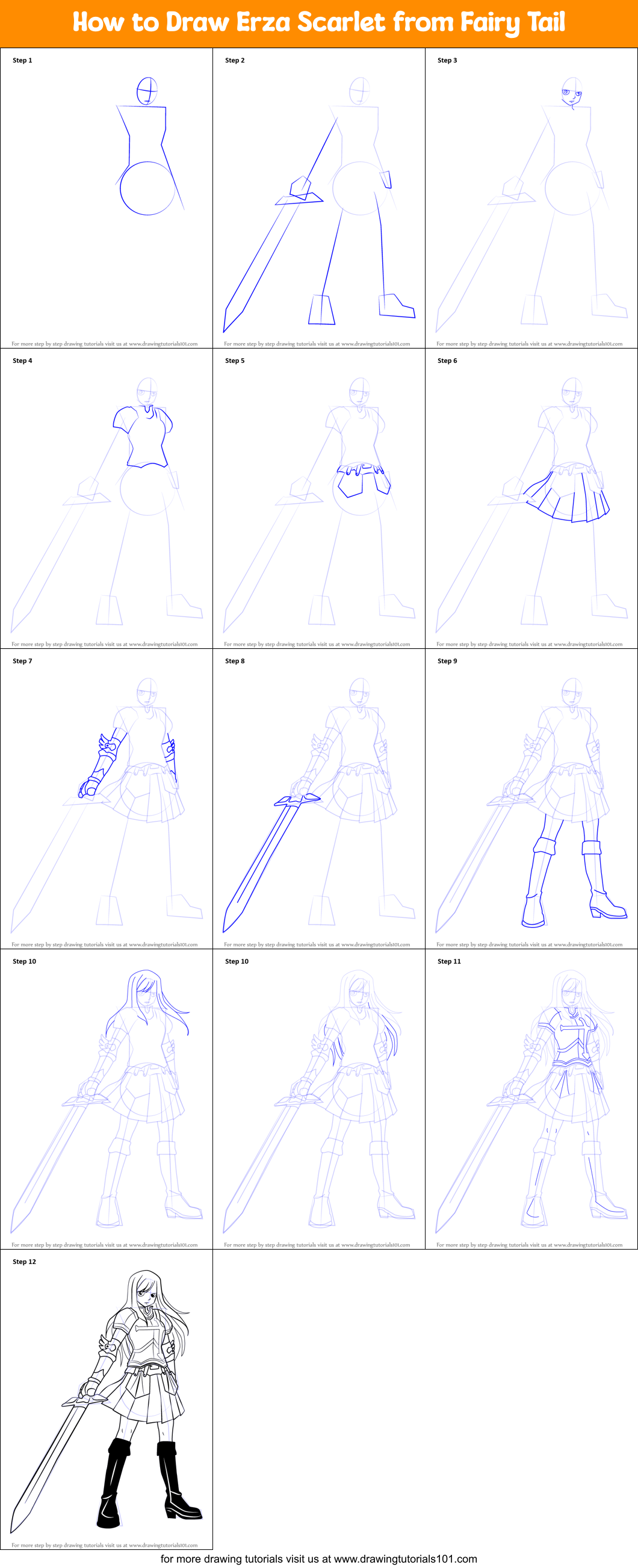 How to Draw Erza Scarlet from Fairy Tail Printable Step by Step