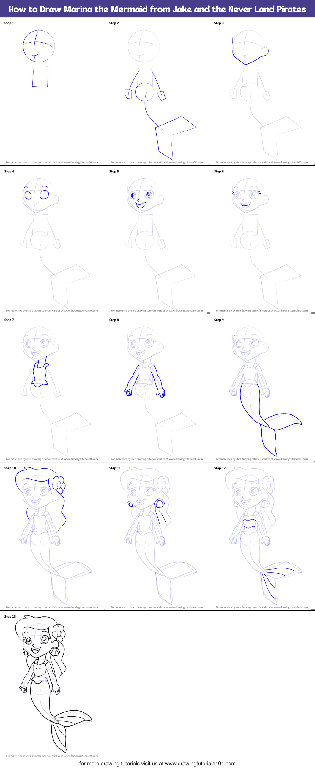 How to Draw Marina the Mermaid from Jake and the Never Land Pirates Printable Step by Step