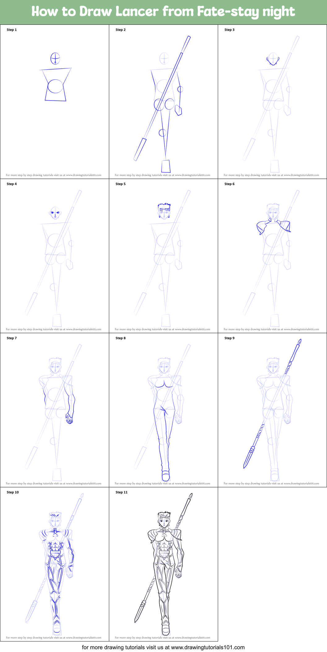 How to Draw Lancer from Fate-stay night Printable Step by Step